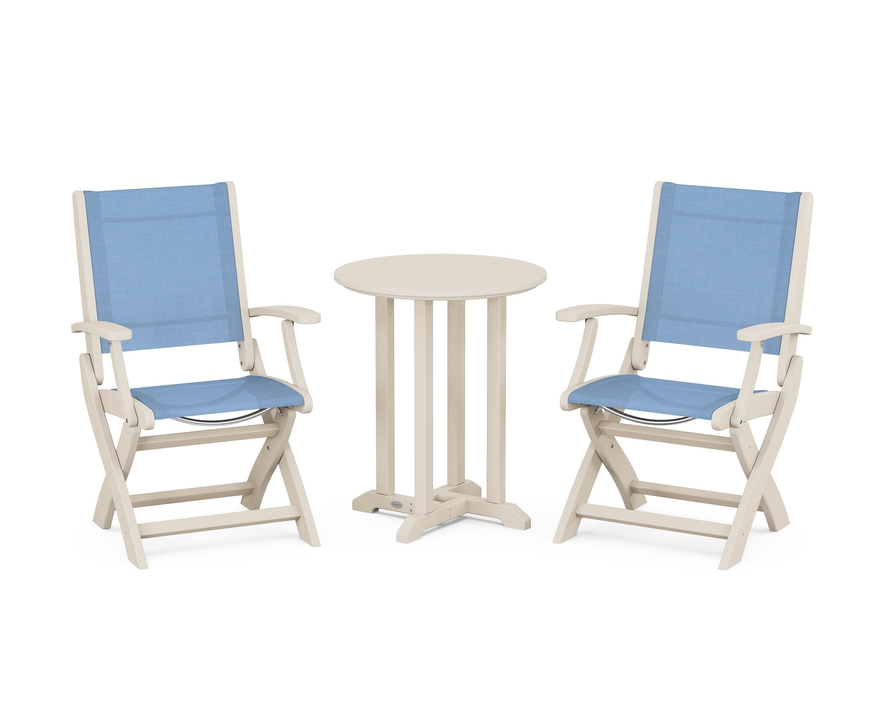 POLYWOOD Coastal Folding 3-Piece Round Bistro Dining Set in Sand / Poolside Sling