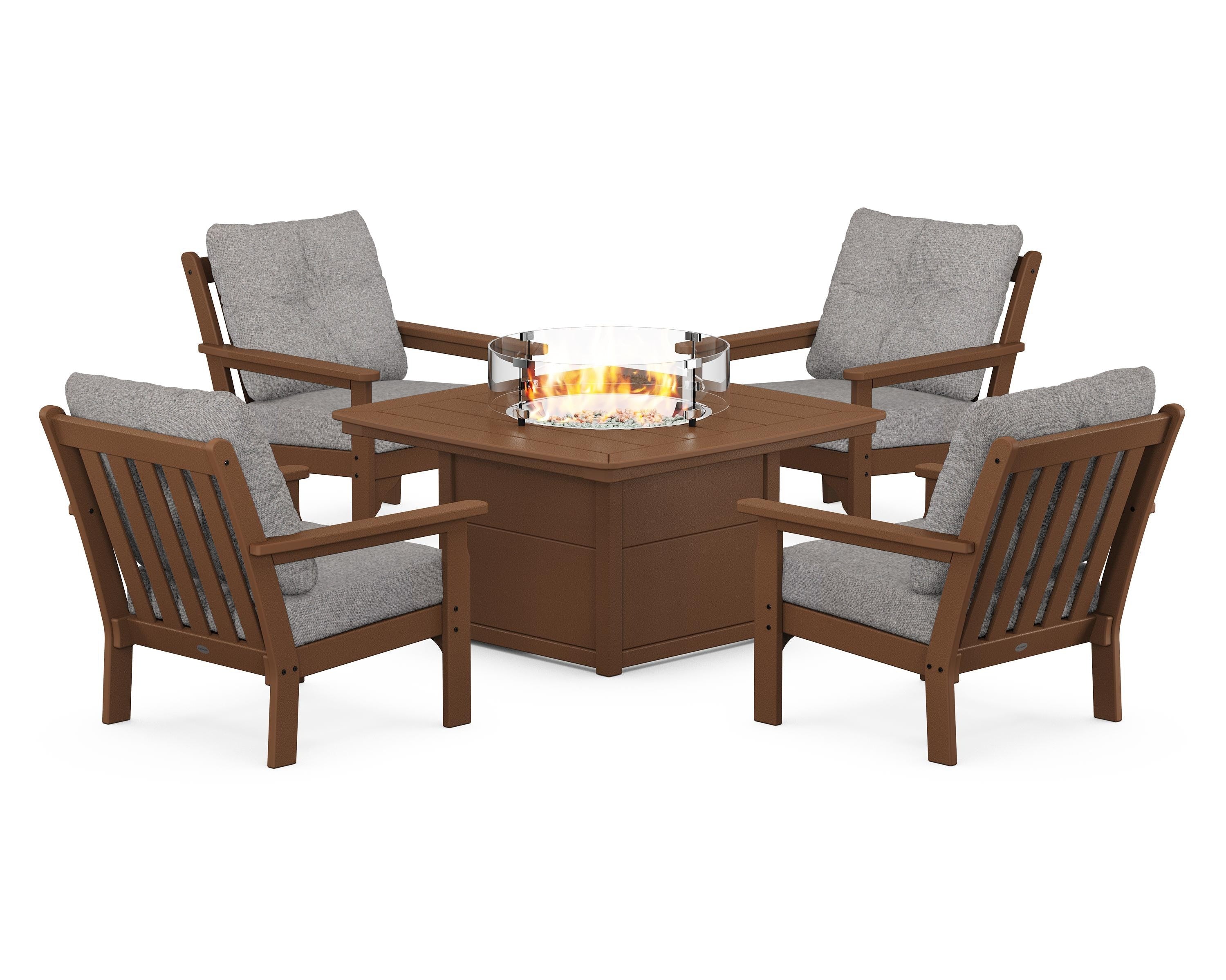 POLYWOOD Vineyard 5-Piece Conversation Set with Fire Pit Table in Teak / Grey Mist