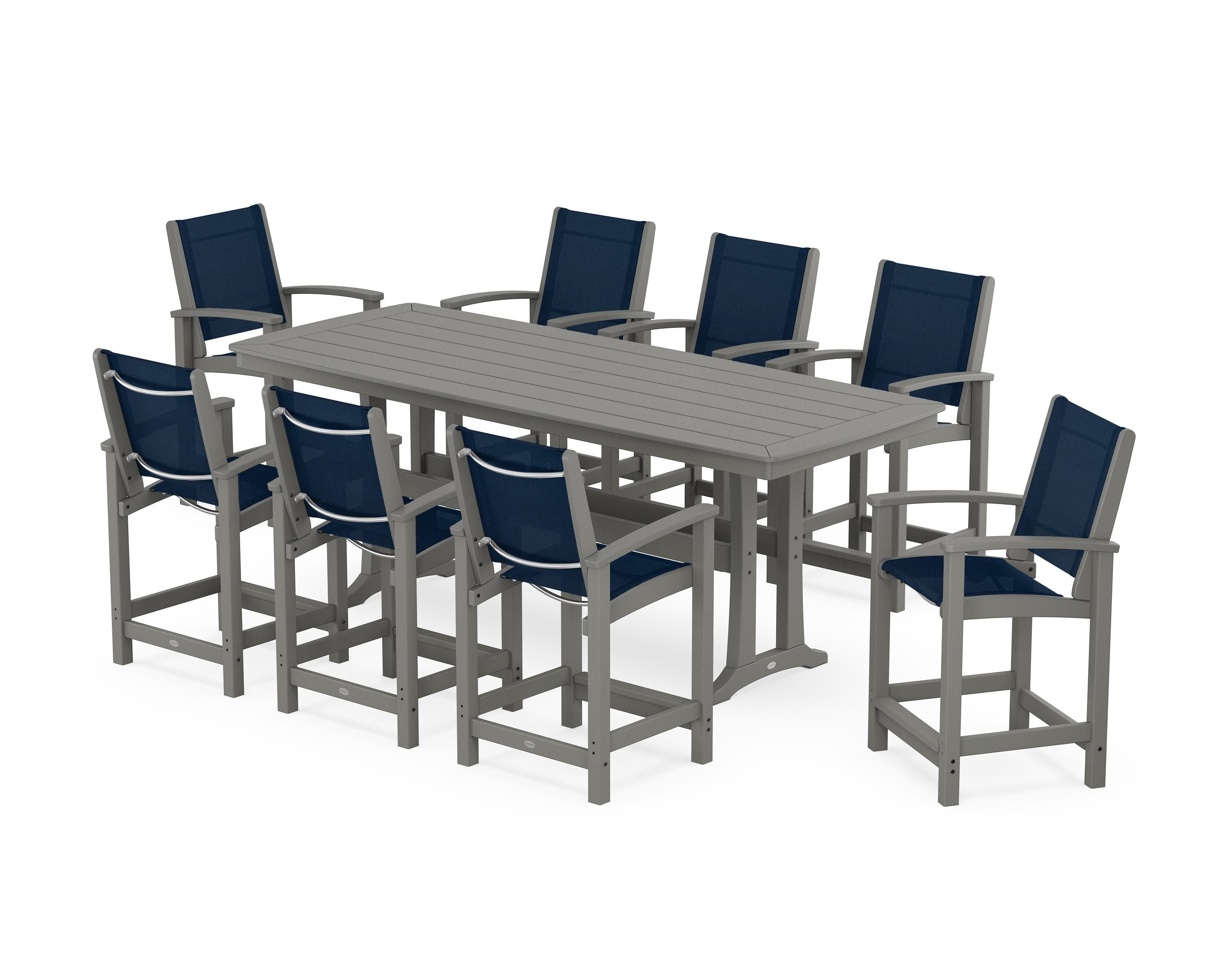 POLYWOOD Coastal 9-Piece Counter Set with Trestle Legs in Slate Grey / Navy Blue Sling