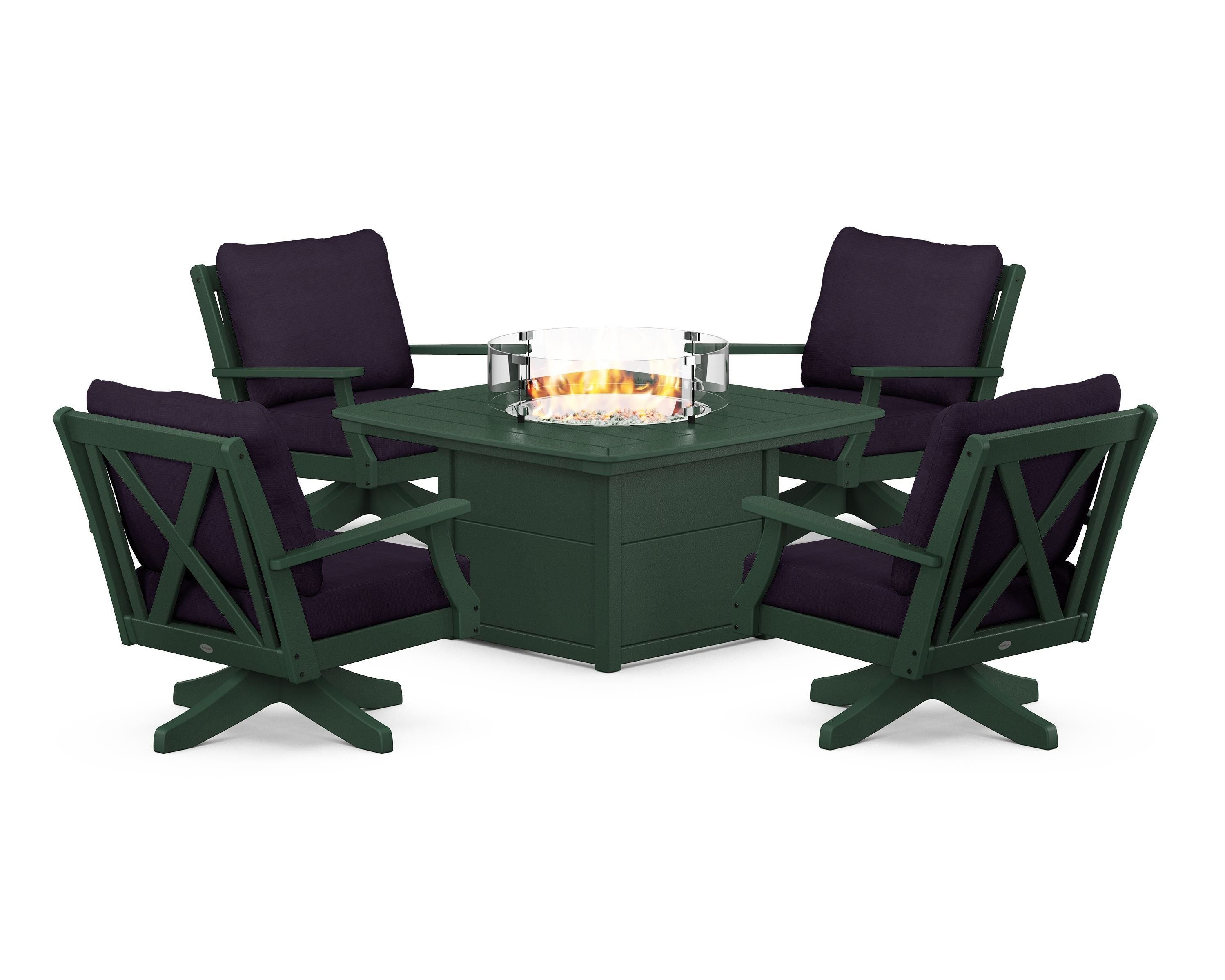 POLYWOOD Braxton 5-Piece Deep Seating Swivel Conversation Set with Fire Pit Table in Green / Navy Linen