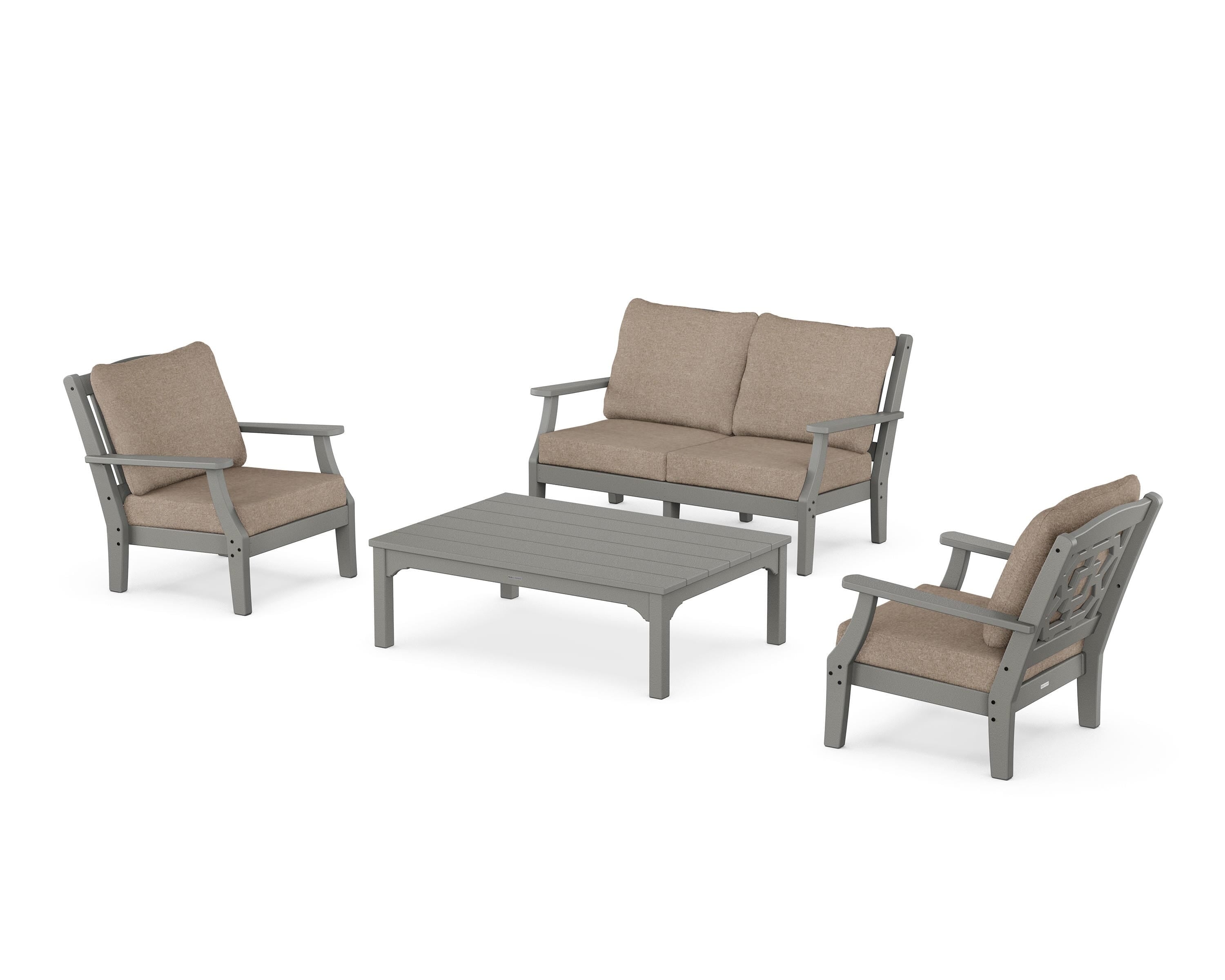 Martha Stewart by POLYWOOD Chinoiserie 4-Piece Deep Seating Set with Loveseat in Slate Grey / Spiced Burlap