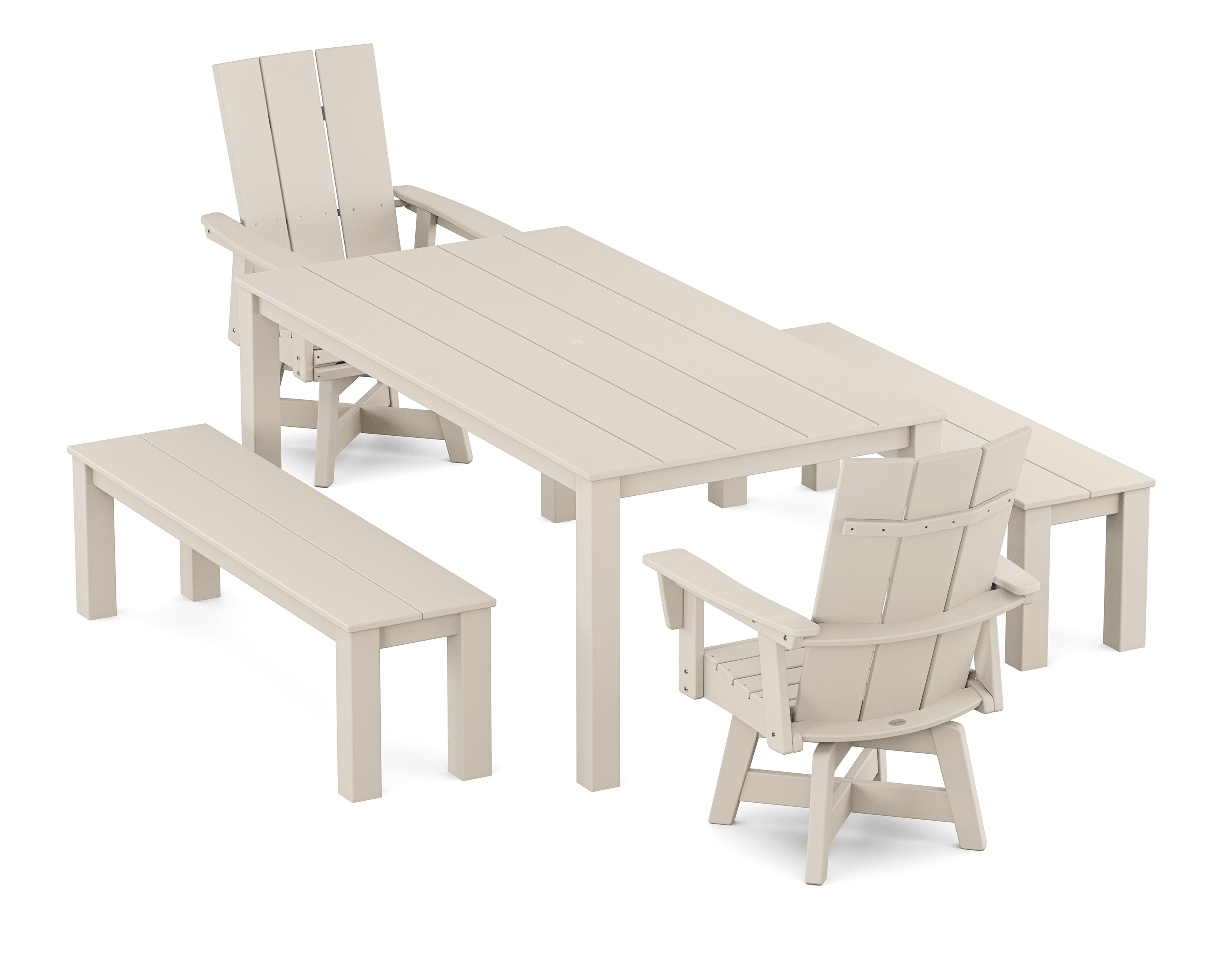 POLYWOOD Modern Curveback Adirondack 5-Piece Parsons Swivel Dining Set with Benches in Sand
