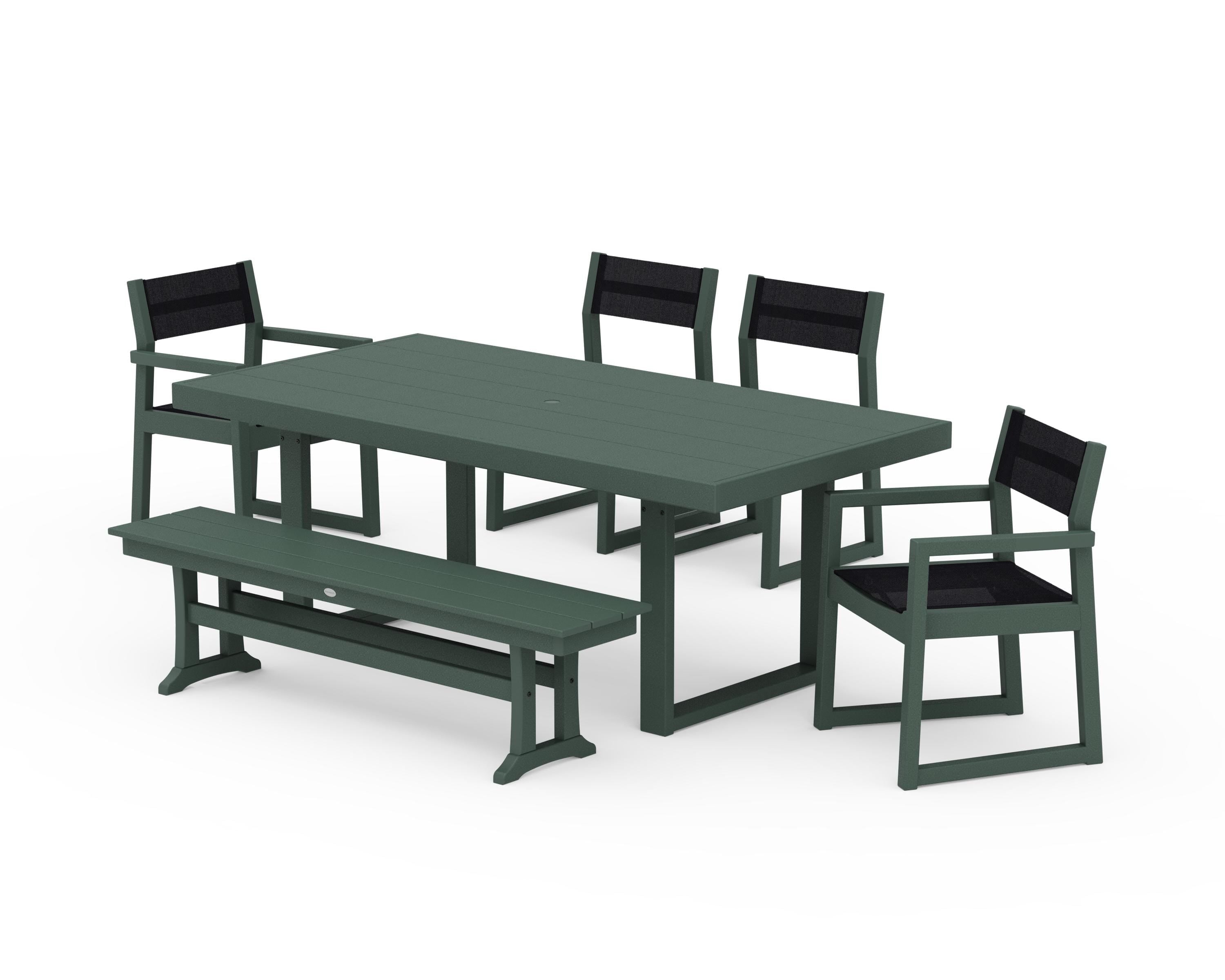 POLYWOOD EDGE Sling 6-Piece Dining Set with Bench in Green / Black Sling