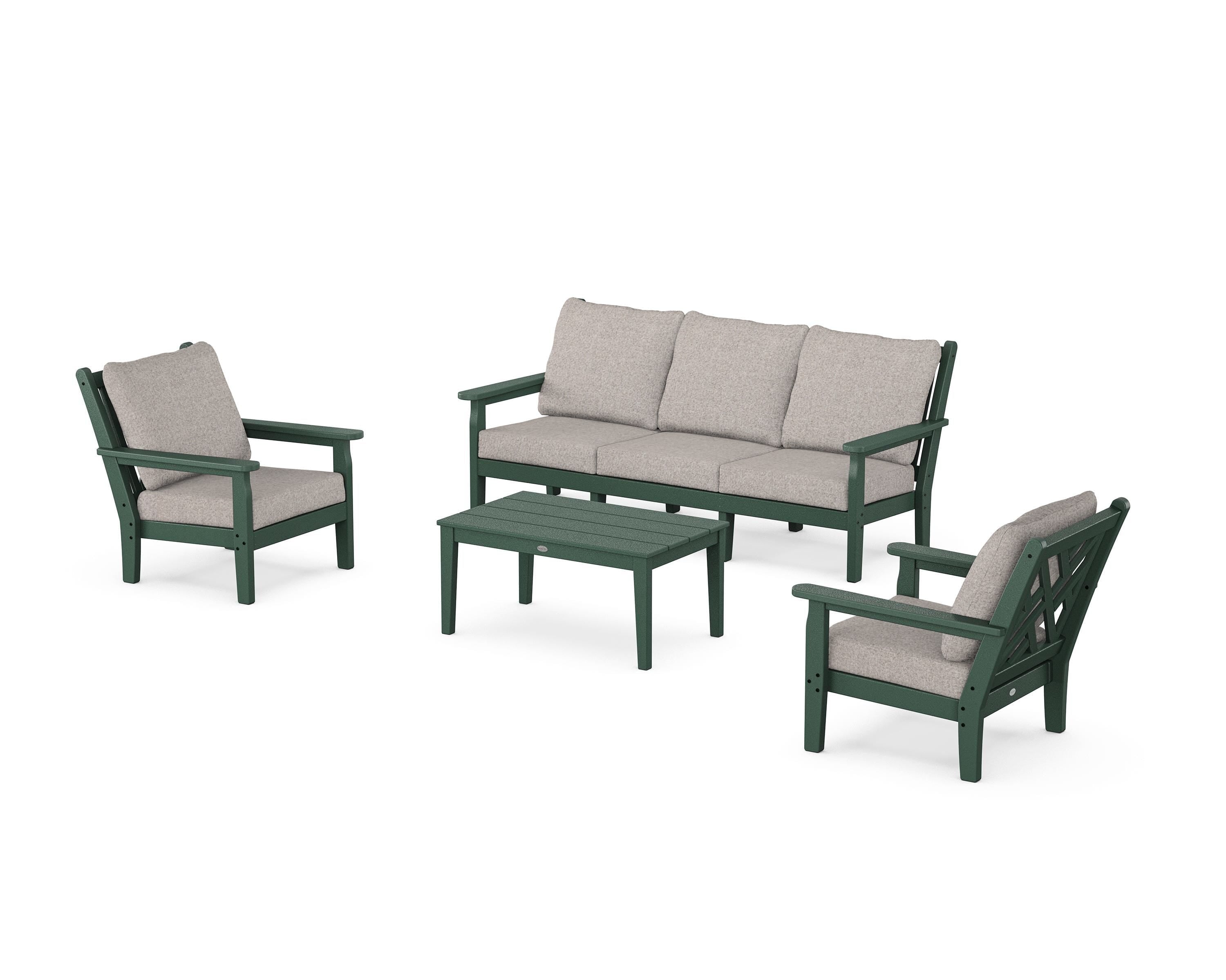 POLYWOOD Chippendale 4-Piece Deep Seating Set with Sofa in Green / Weathered Tweed