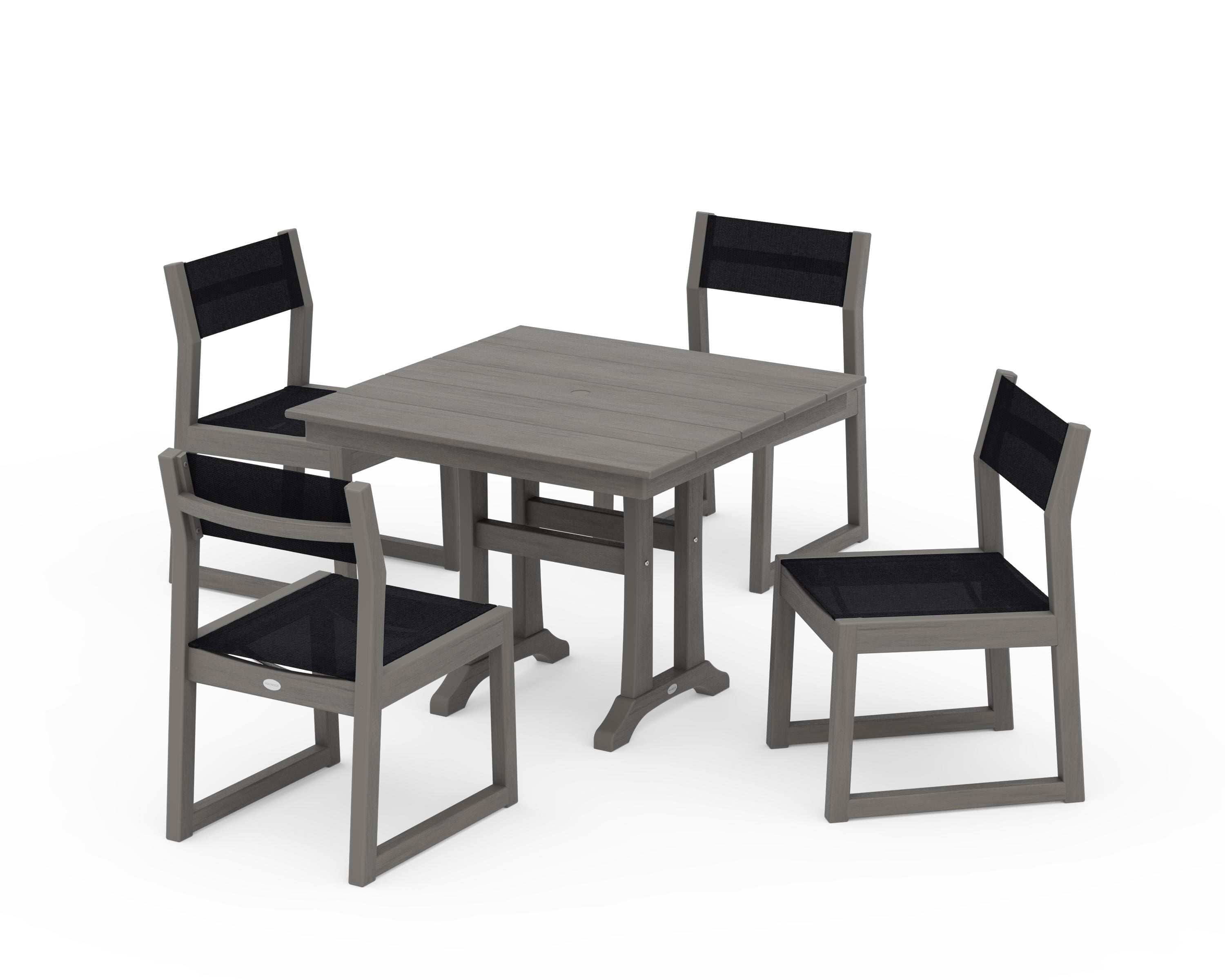 POLYWOOD EDGE Sling 5-Piece Farmhouse Trestle Side Chair Dining Set in Driftwood / Black Sling