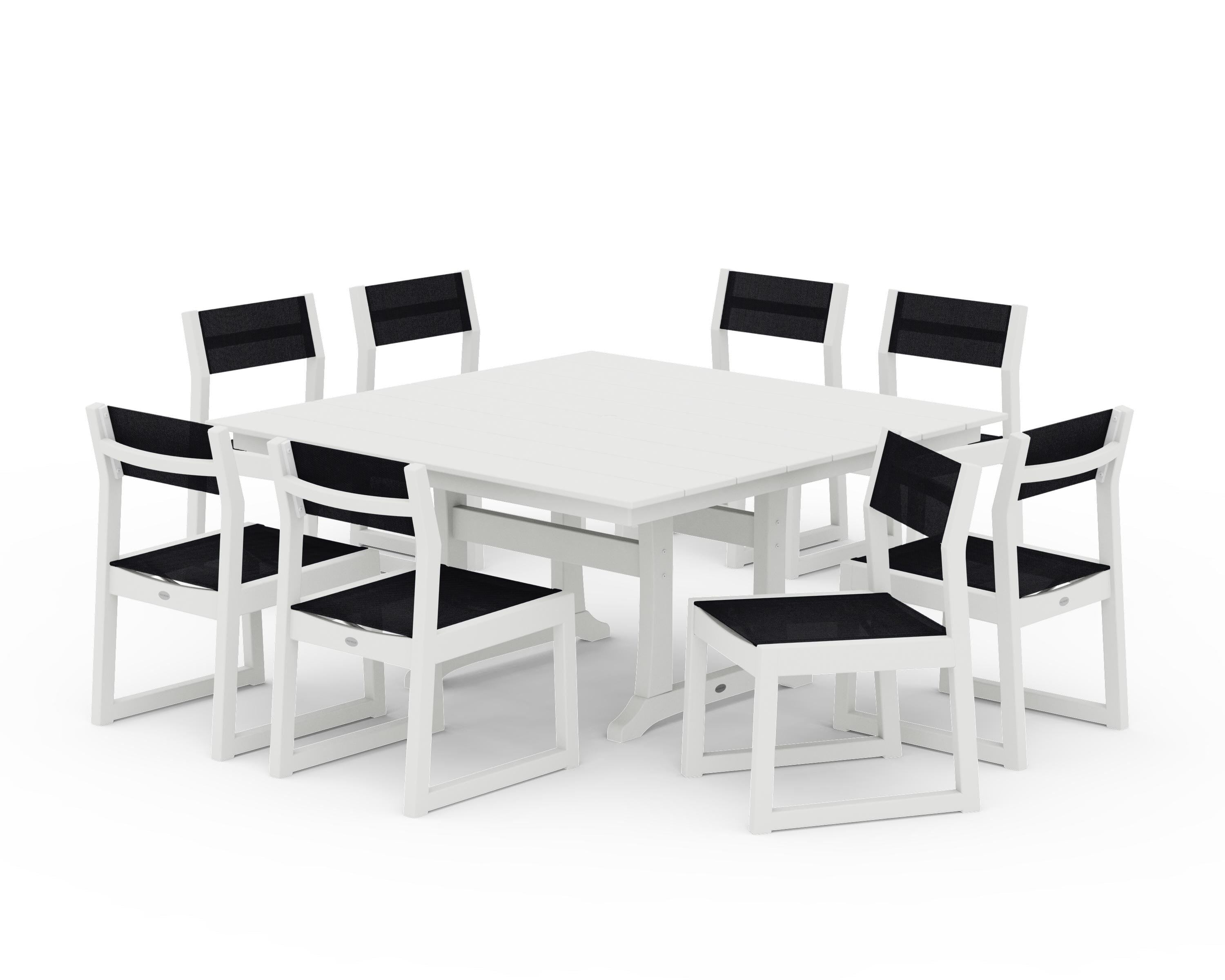 POLYWOOD EDGE Sling Side Chair 9-Piece Farmhouse Trestle Dining Set in Vintage White / Black Sling