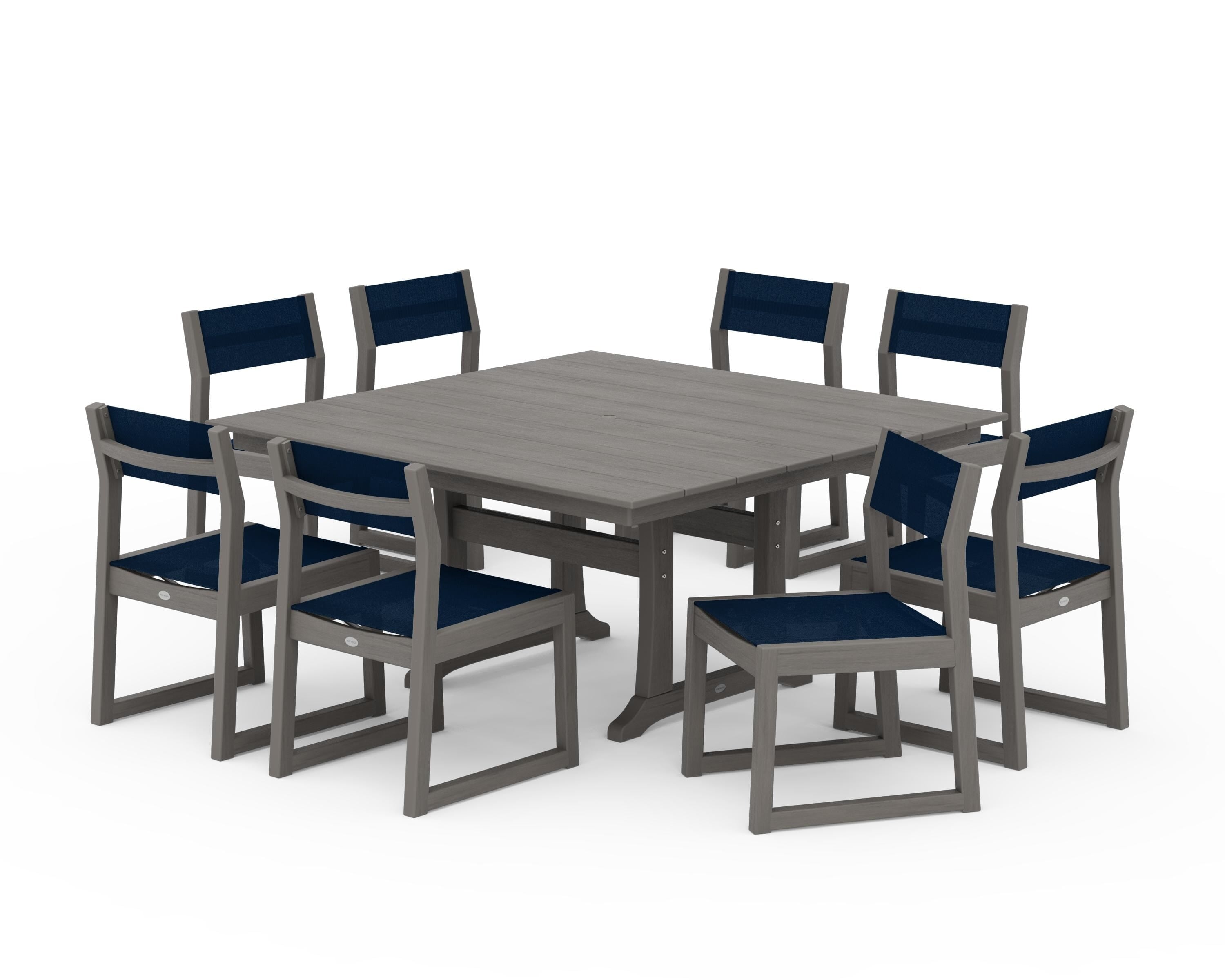 POLYWOOD EDGE Sling Side Chair 9-Piece Farmhouse Trestle Dining Set in Driftwood / Navy Blue Sling