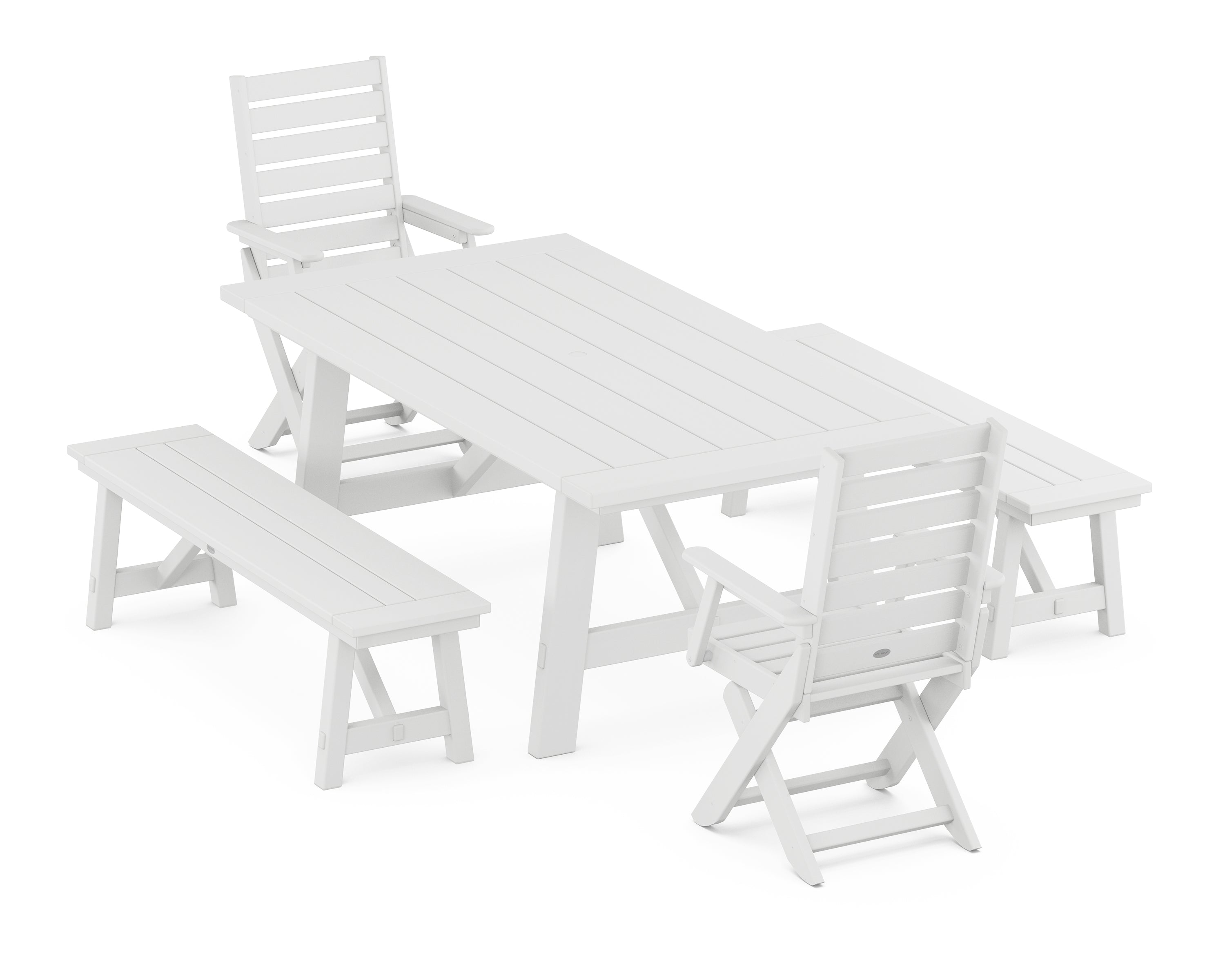 POLYWOOD Captain Folding Chair 5-Piece Rustic Farmhouse Dining Set With Benches in White