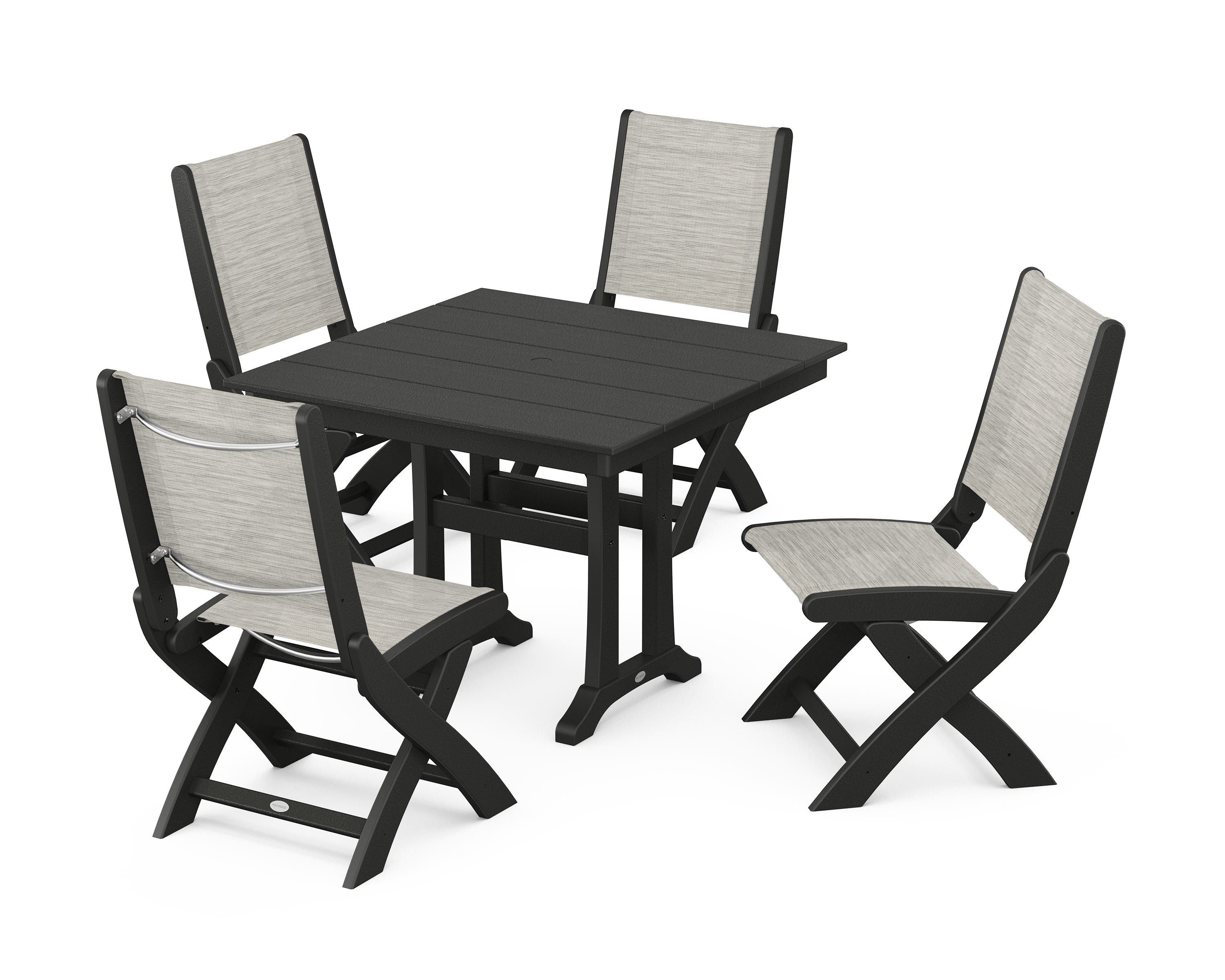 POLYWOOD Coastal Folding Side Chair 5-Piece Farmhouse Dining Set With Trestle Legs in Black / Birch Sling