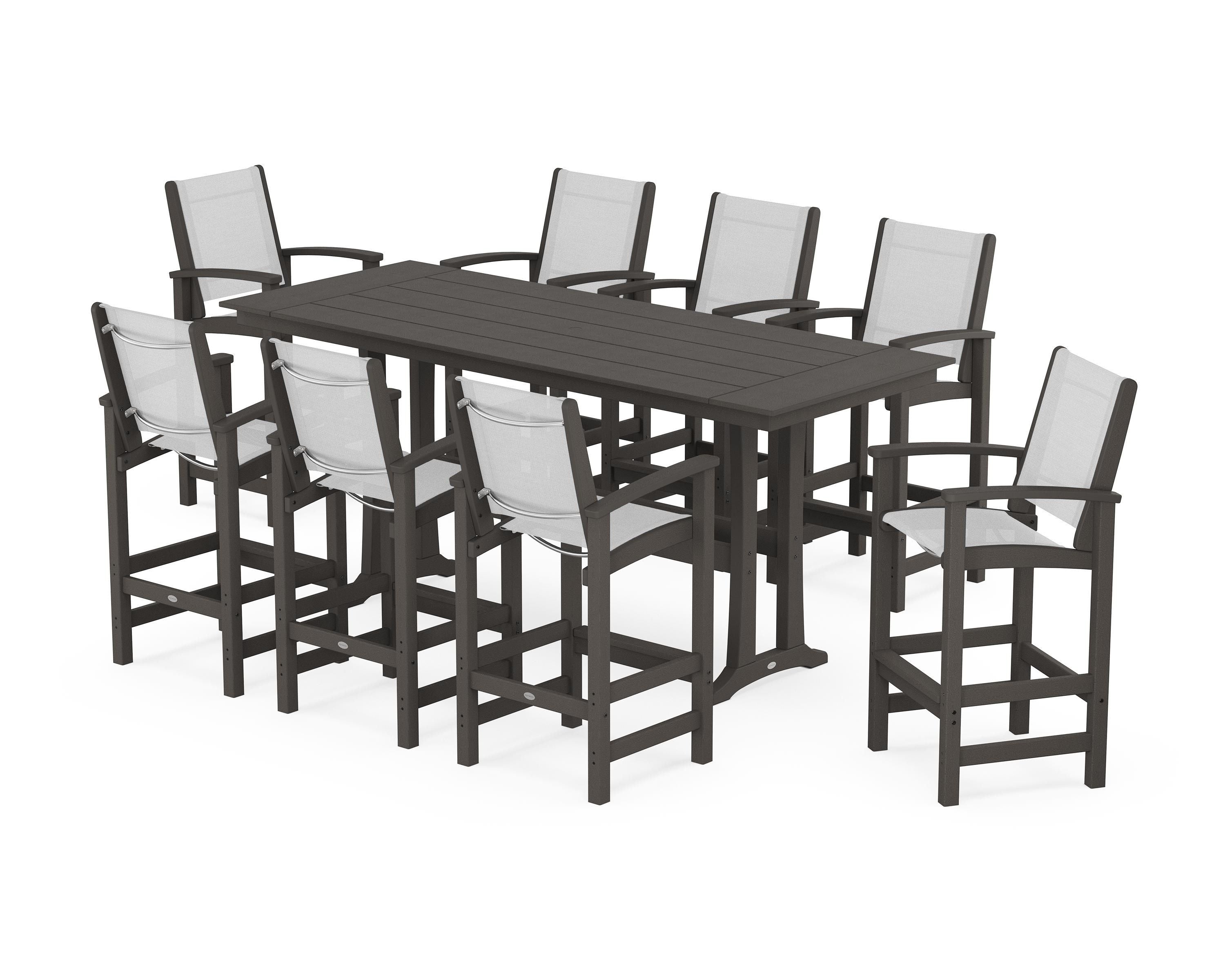 POLYWOOD Coastal 9-Piece Farmhouse Bar Set with Trestle Legs in Vintage Coffee / White Sling