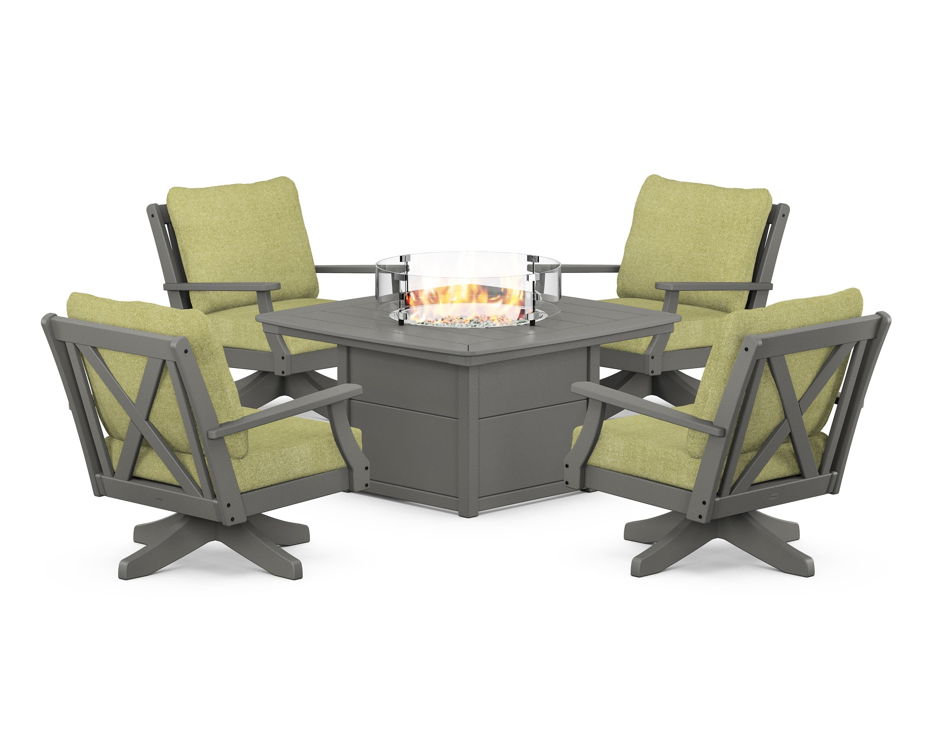 POLYWOOD Braxton 5-Piece Deep Seating Swivel Conversation Set with Fire Pit Table in Slate Grey / Chartreuse Boucle