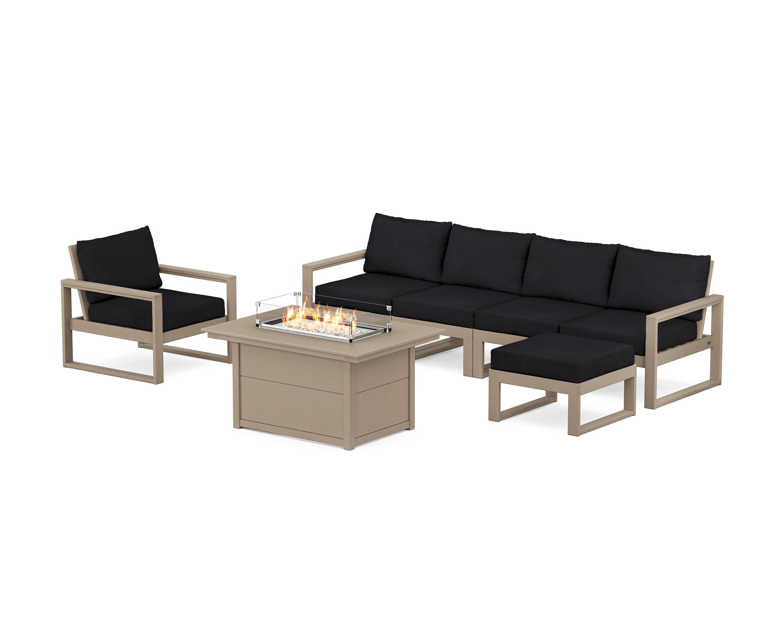 POLYWOOD EDGE Sectional Lounge and Fire Pit Set in Vintage Sahara / Midnight Linen