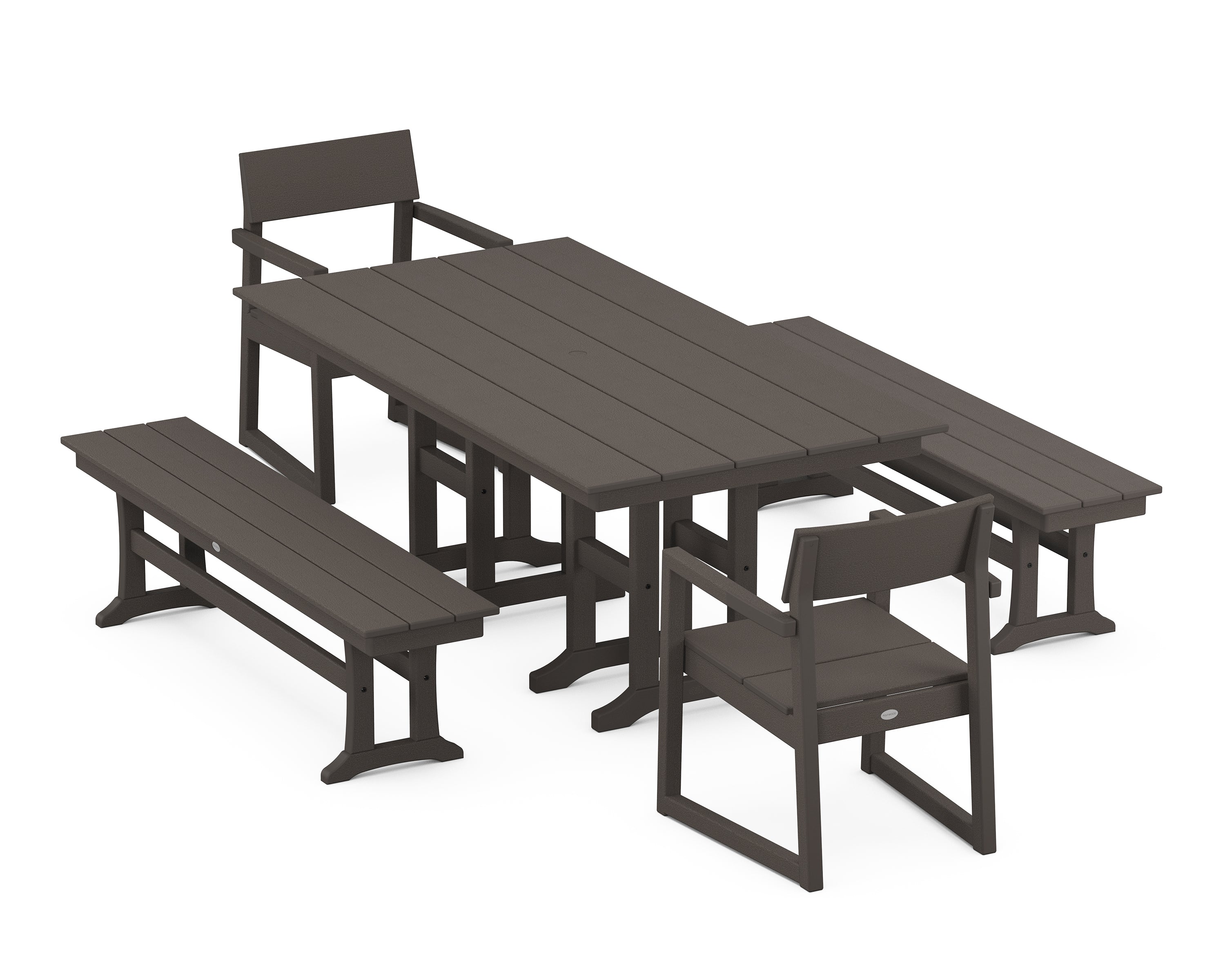 POLYWOOD EDGE 5-Piece Farmhouse Dining Set with Benches in Vintage Coffee
