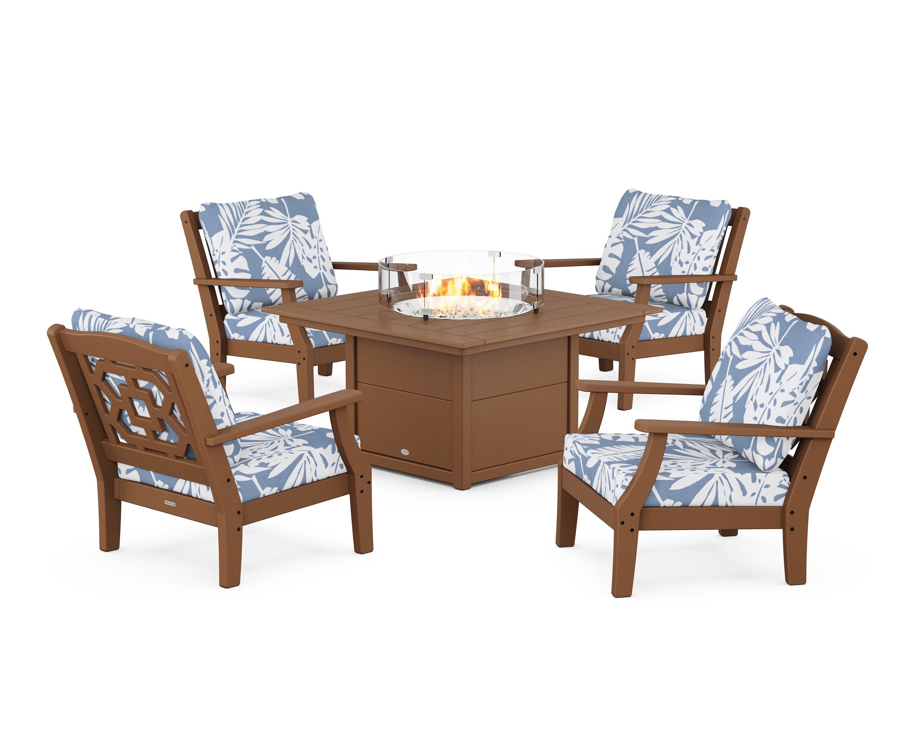 Martha Stewart by POLYWOOD Chinoiserie 5-Piece Deep Seating Set with Fire Pit Table in Teak / Leaf Sky Blue