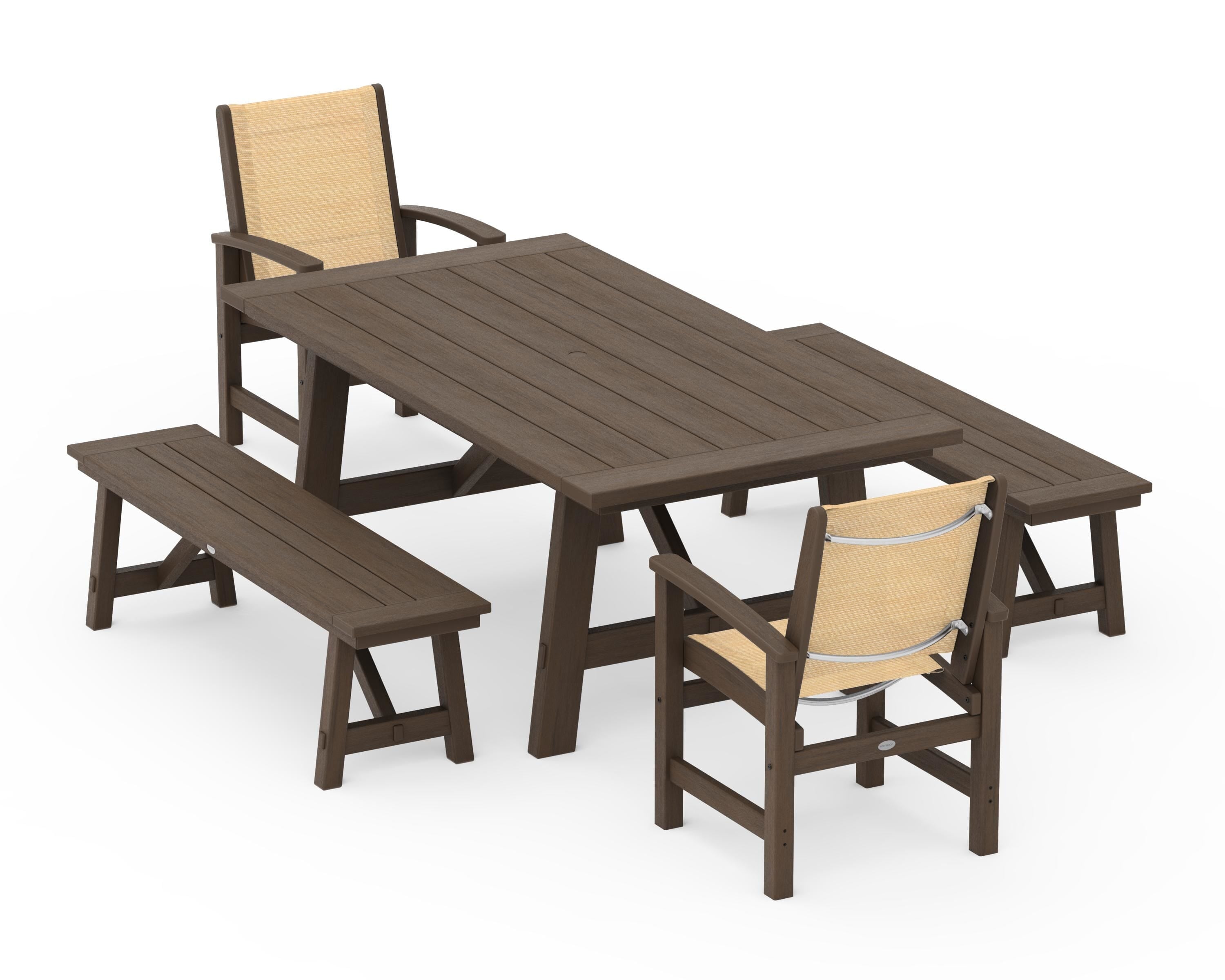 POLYWOOD Coastal 5-Piece Rustic Farmhouse Dining Set With Benches in Kona / Dupioni Apricot Sling