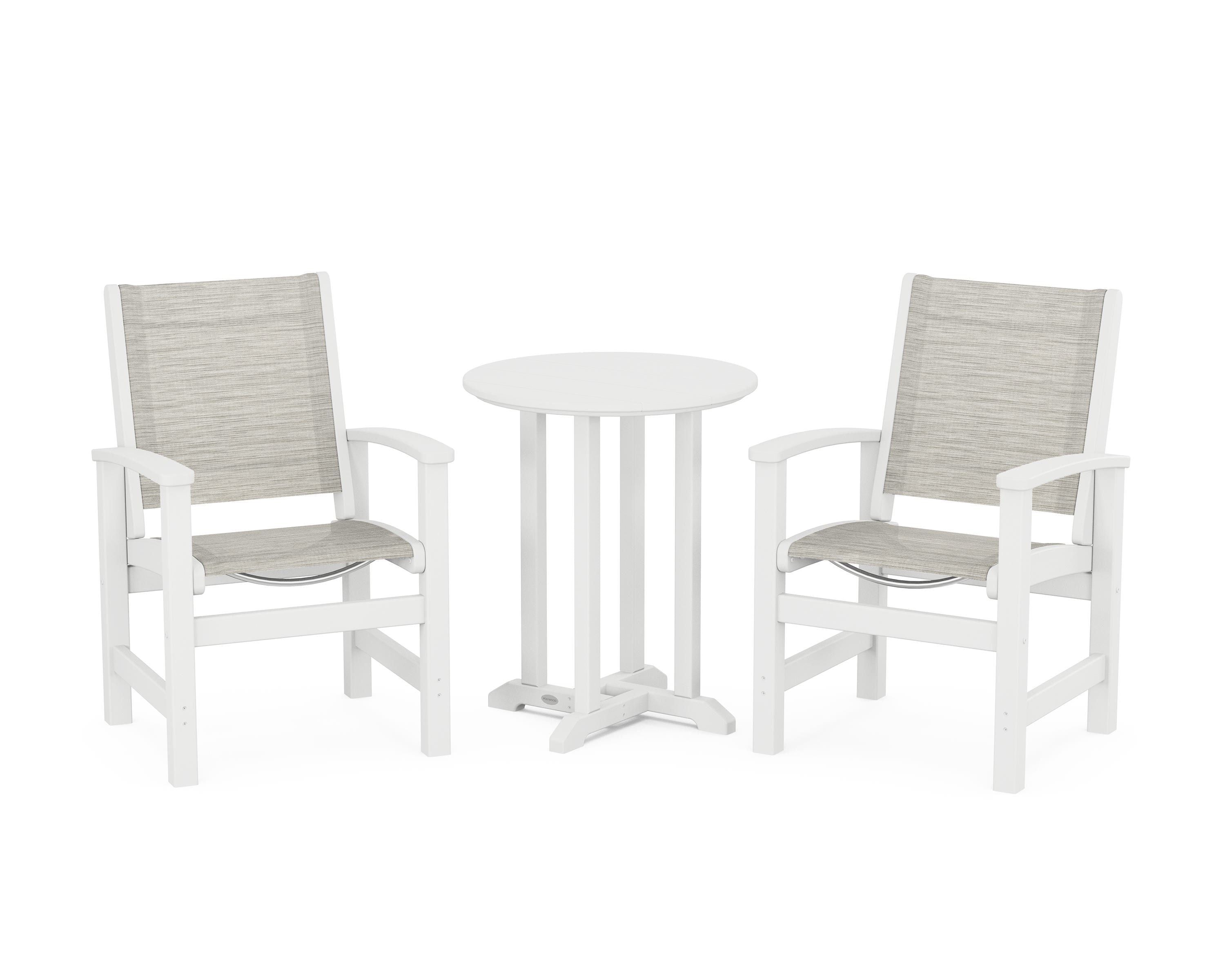 POLYWOOD Coastal 3-Piece Round Bistro Dining Set in White / Birch Sling