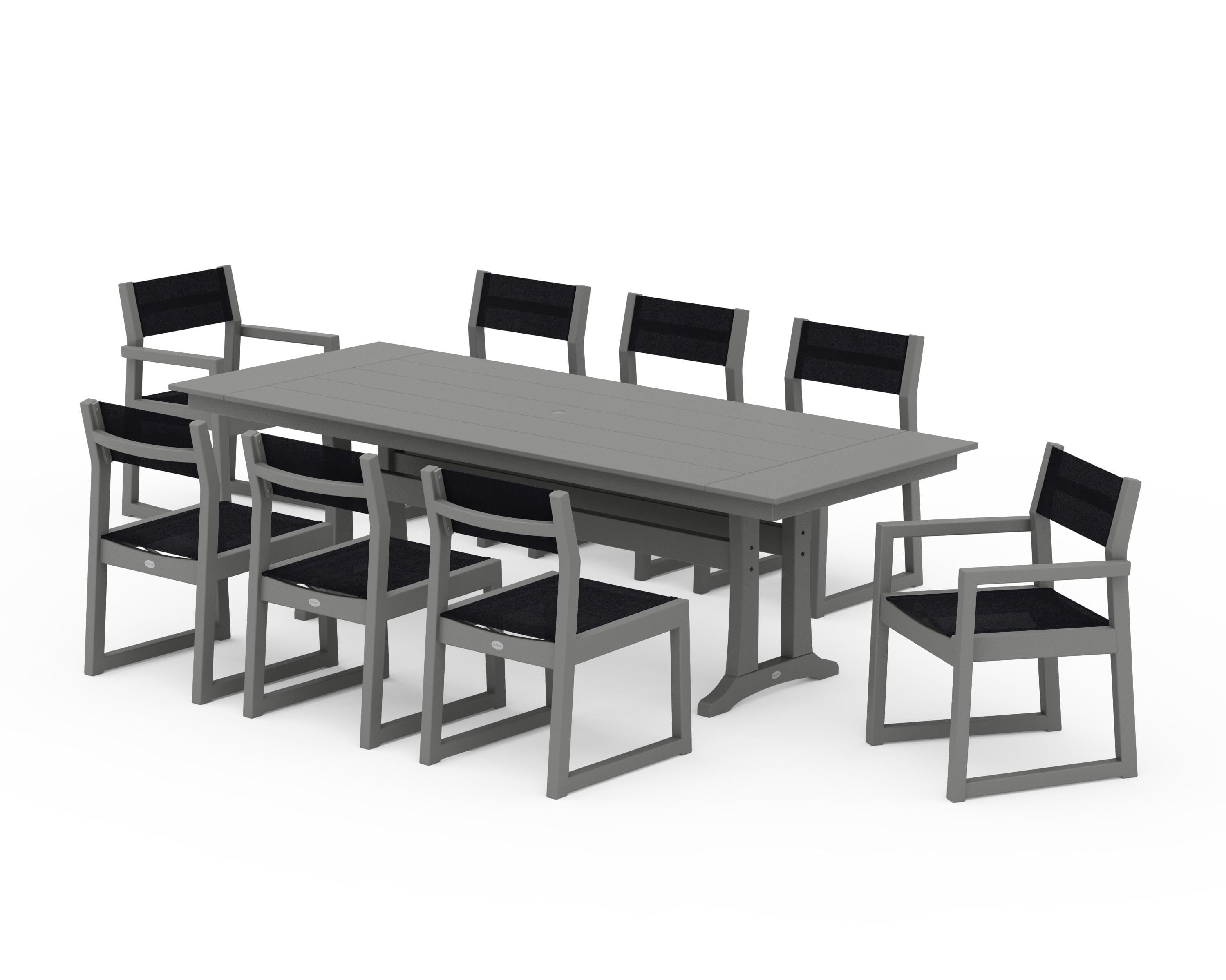 POLYWOOD EDGE Sling 9-Piece Farmhouse Trestle Dining Set in Slate Grey / Black Sling
