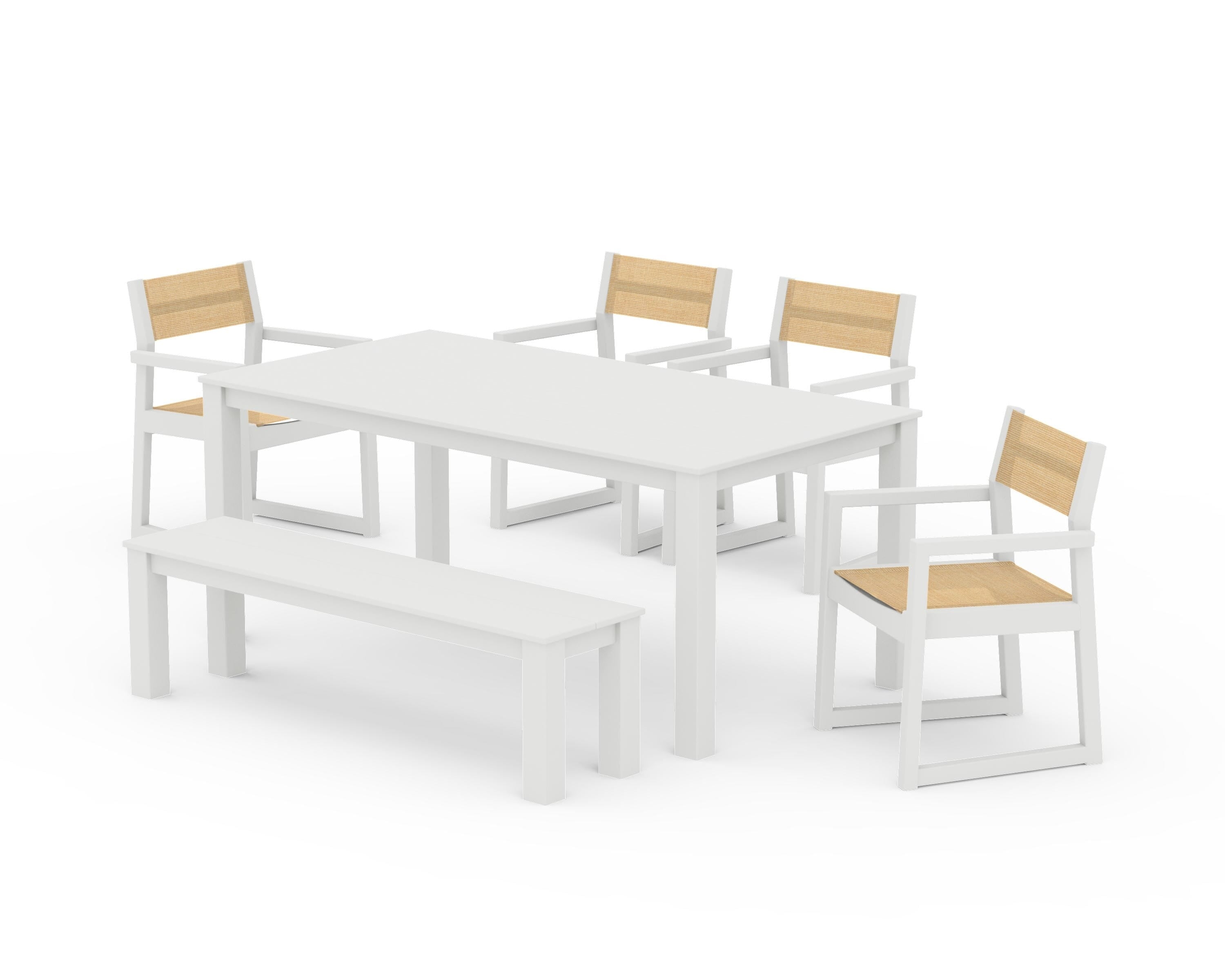 POLYWOOD EDGE Sling Arm Chair 6-Piece Parsons Dining Set with Bench in Vintage White / Dupioni Apricot Sling