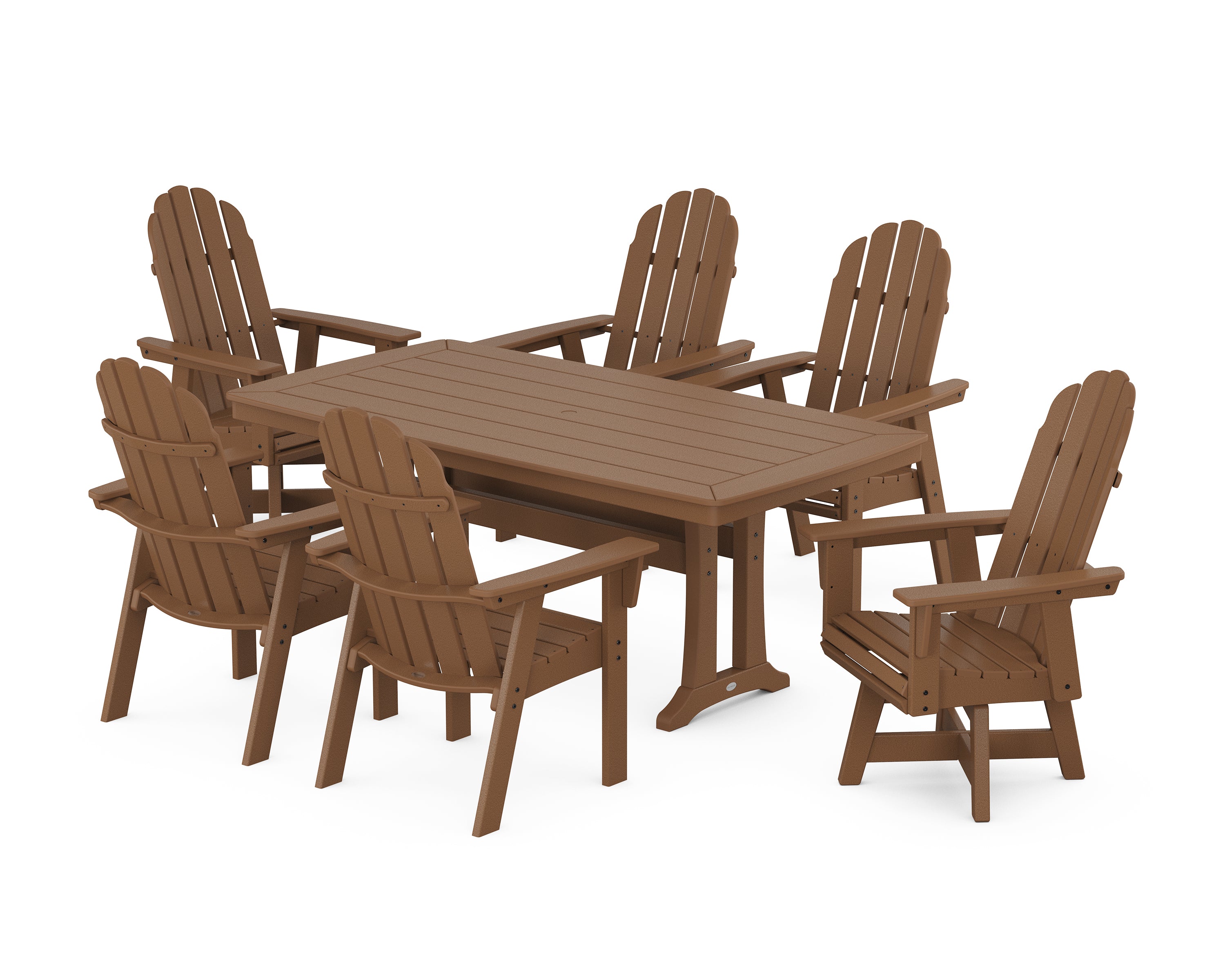 POLYWOOD Vineyard Curveback Adirondack Swivel Chair 7-Piece Dining Set with Trestle Legs in Teak