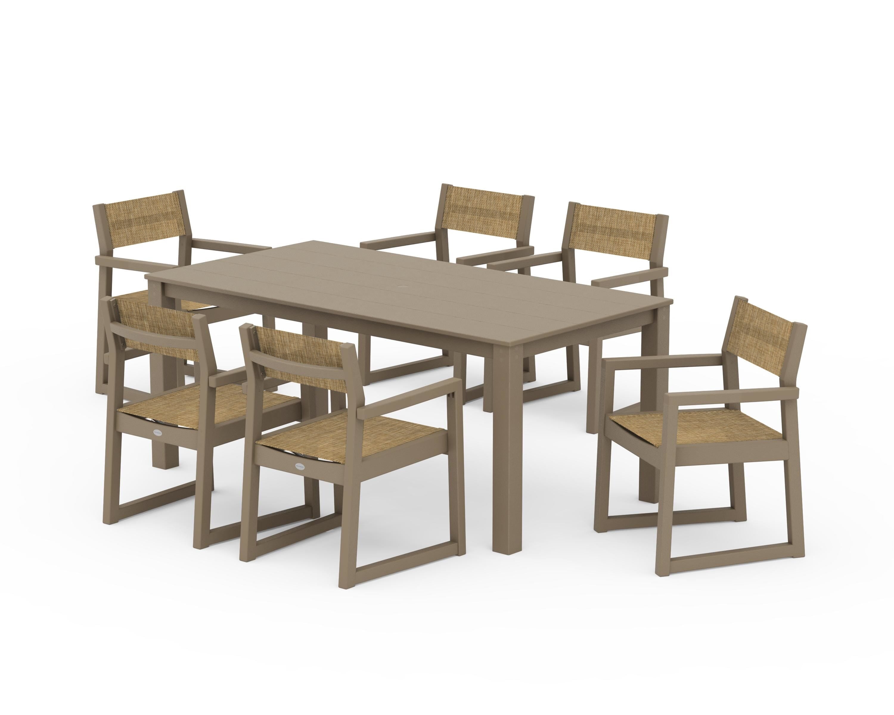 POLYWOOD EDGE Sling Arm Chair 7-Piece Parsons Dining Set in Vintage Sahara / Burlap Sling