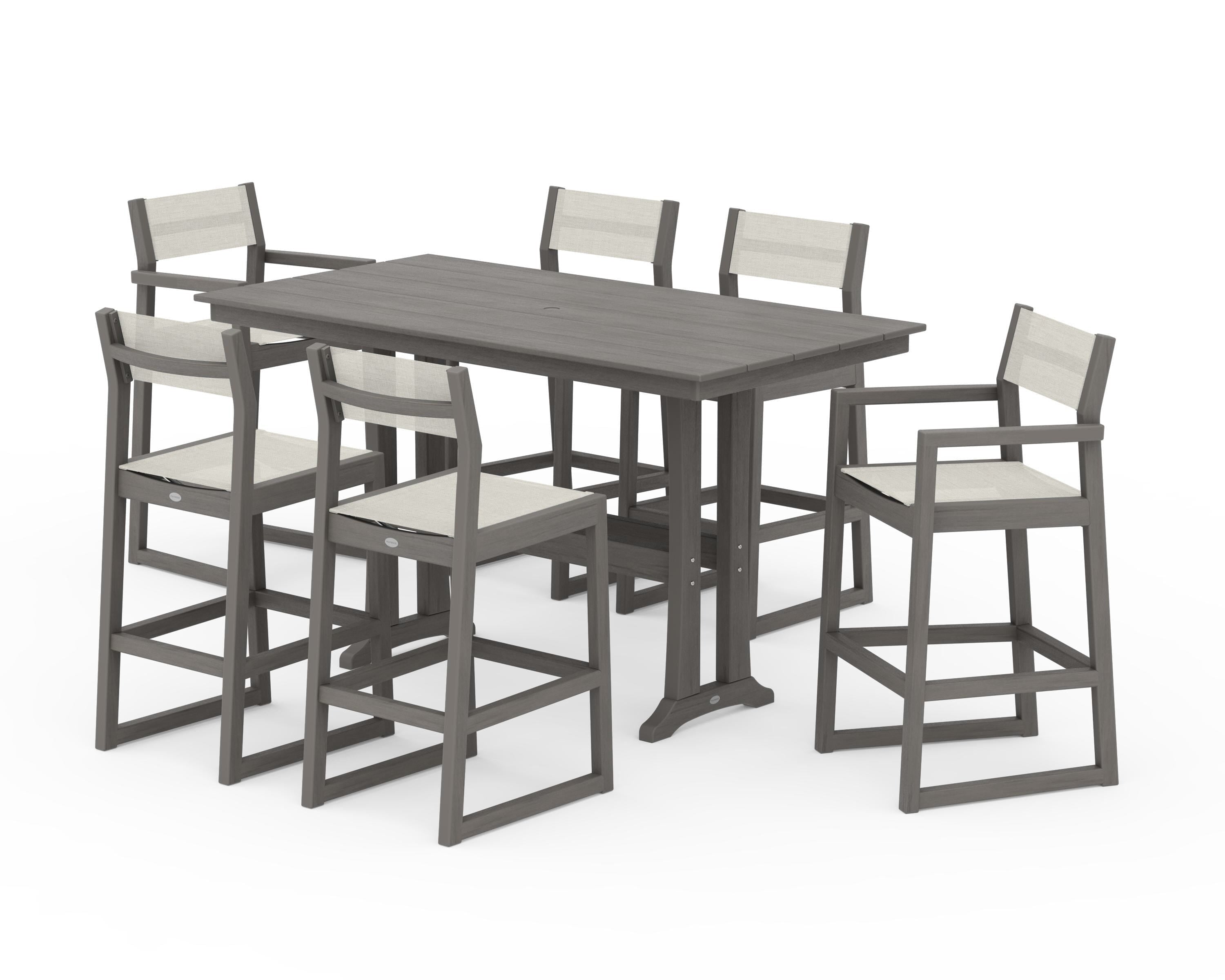 POLYWOOD EDGE Sling 7-Piece Farmhouse Bar Set with Trestle Legs in Driftwood / Parchment Sling