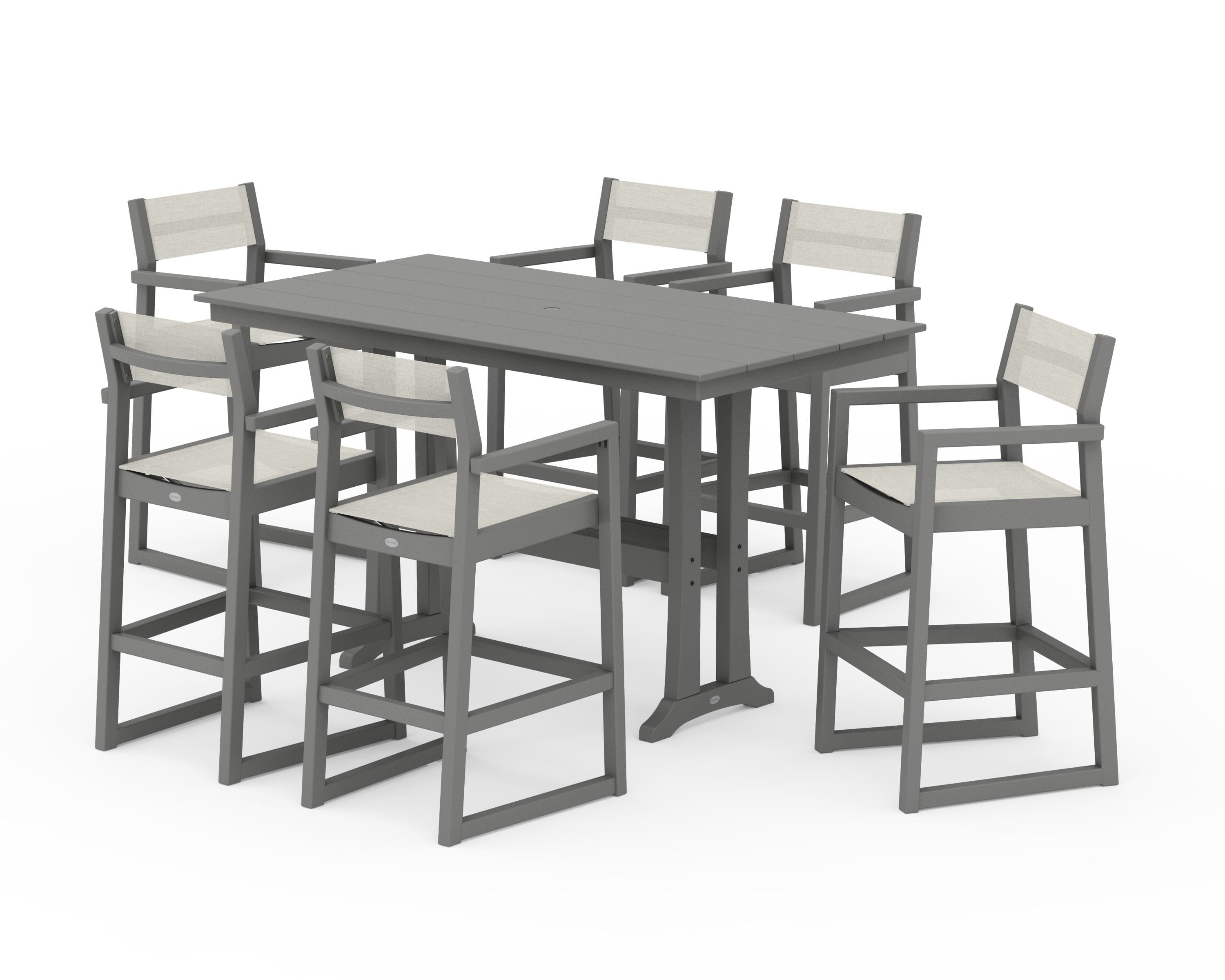 POLYWOOD EDGE Sling Arm Chair 7-Piece Farmhouse Bar Set with Trestle Legs in Slate Grey / Parchment Sling