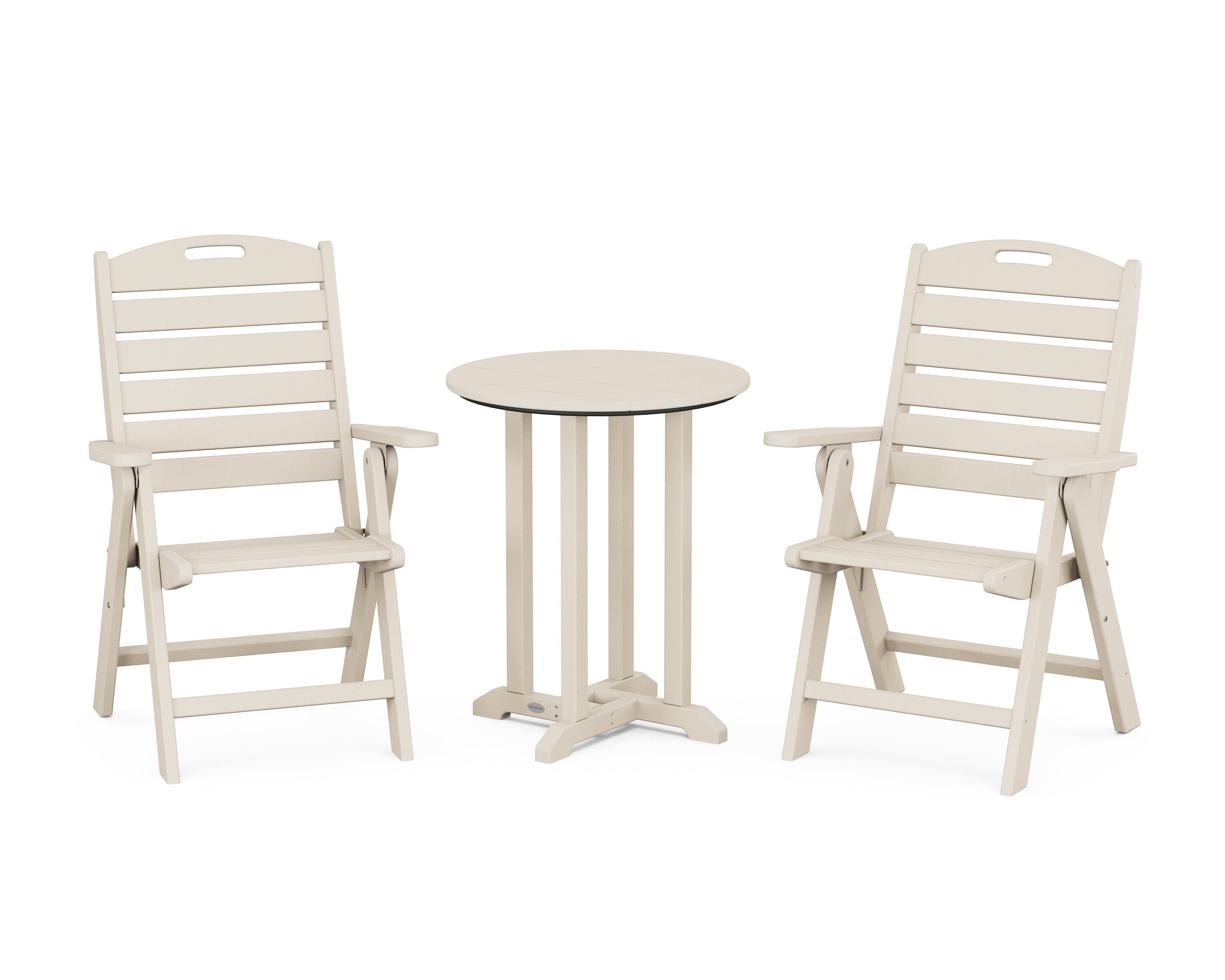 POLYWOOD Nautical Folding Highback Chair 3-Piece Round Bistro Dining Set in Sand