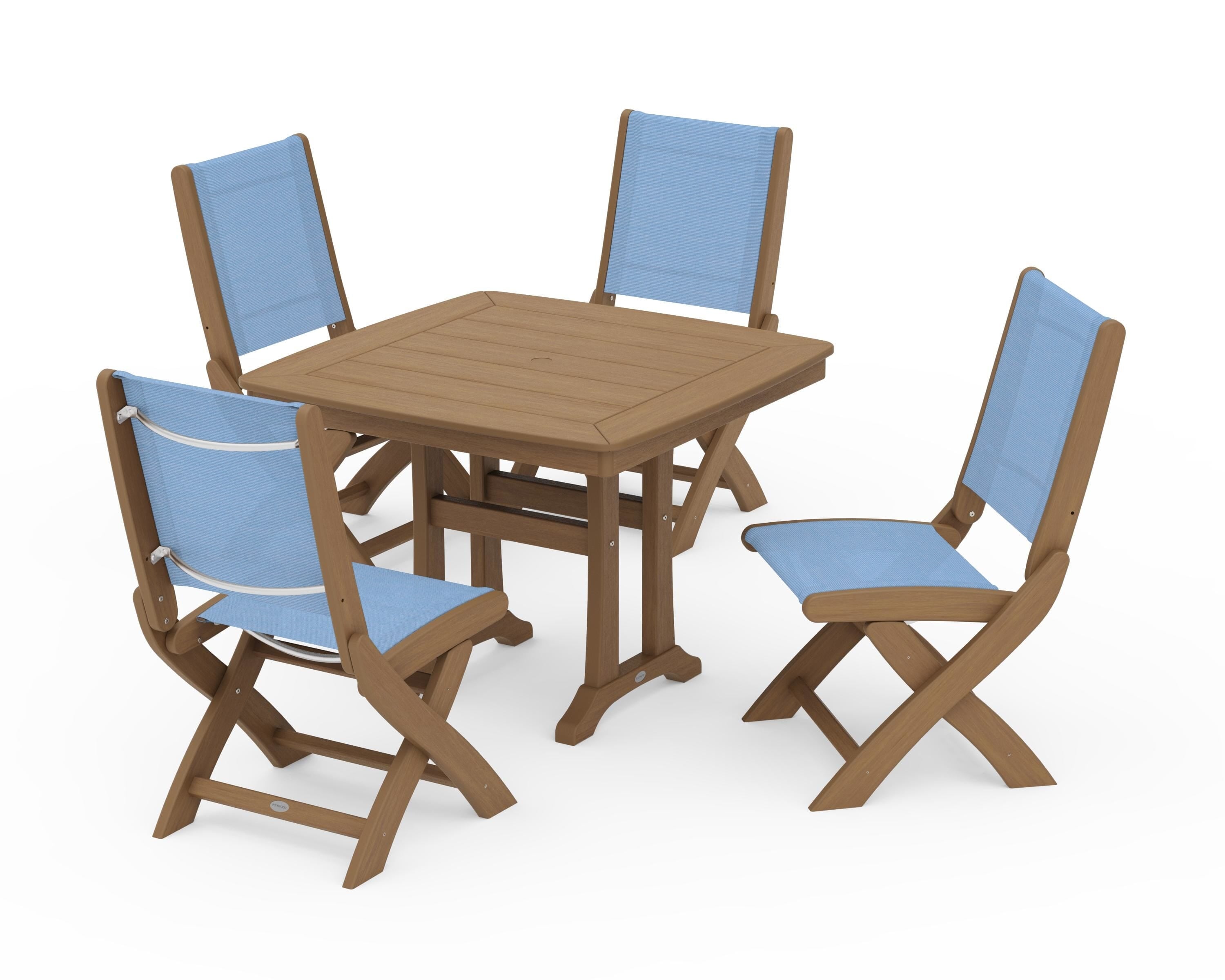 POLYWOOD Coastal Folding Side Chair 5-Piece Dining Set with Trestle Legs in Natural / Poolside Sling