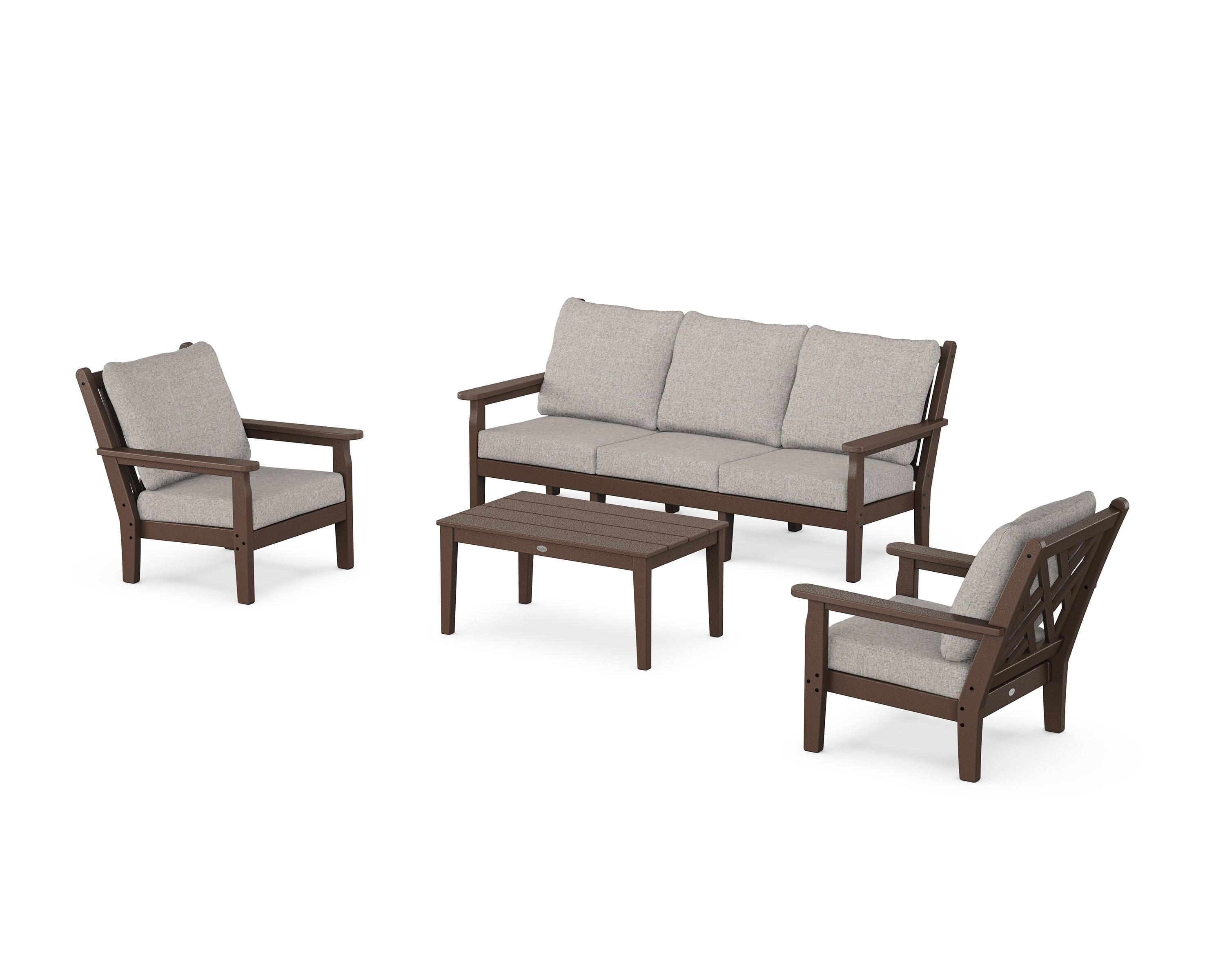 POLYWOOD Chippendale 4-Piece Deep Seating Set with Sofa in Mahogany / Weathered Tweed