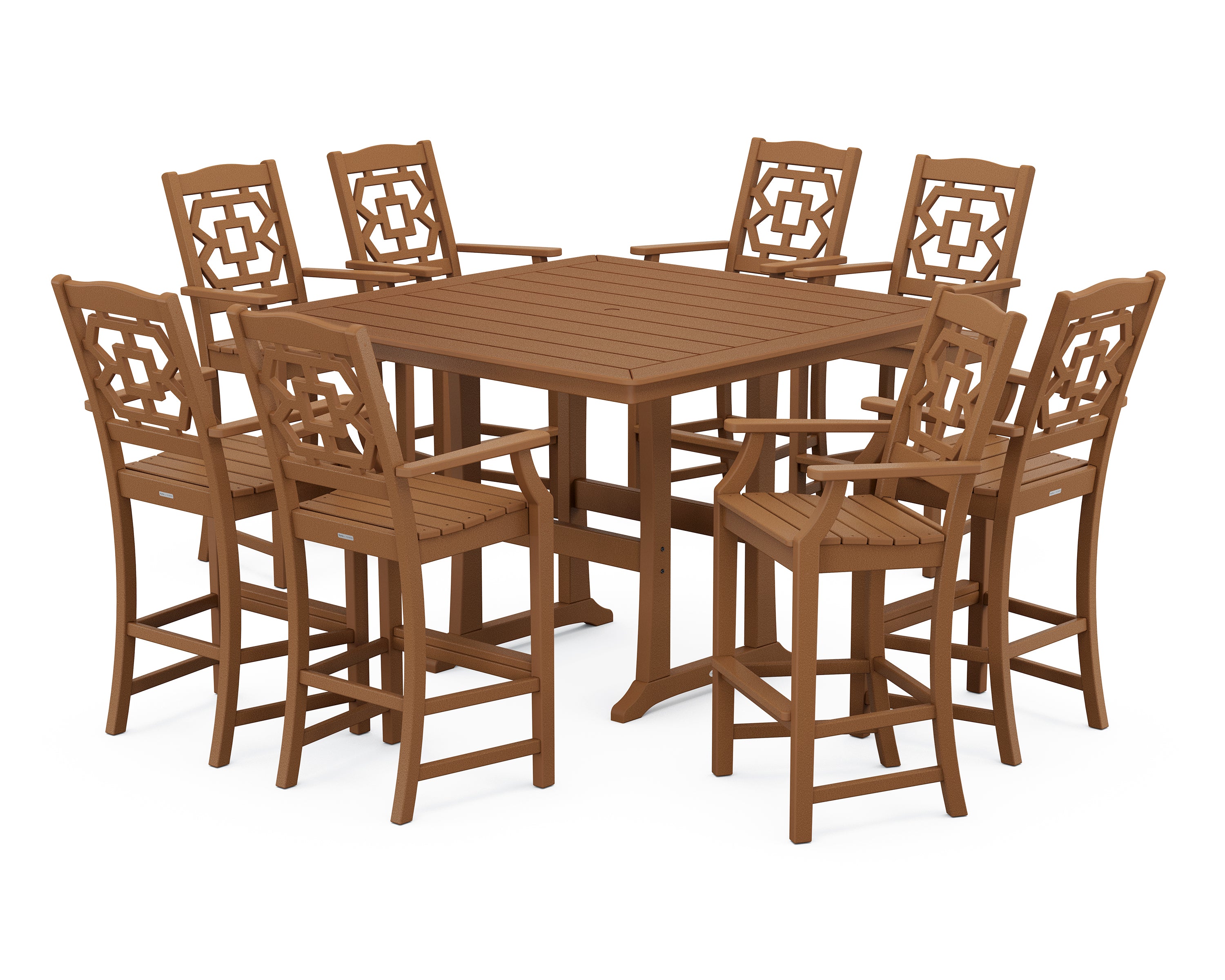 Martha Stewart by POLYWOOD® Chinoiserie 9-Piece Square Bar Set with Trestle Legs in Teak