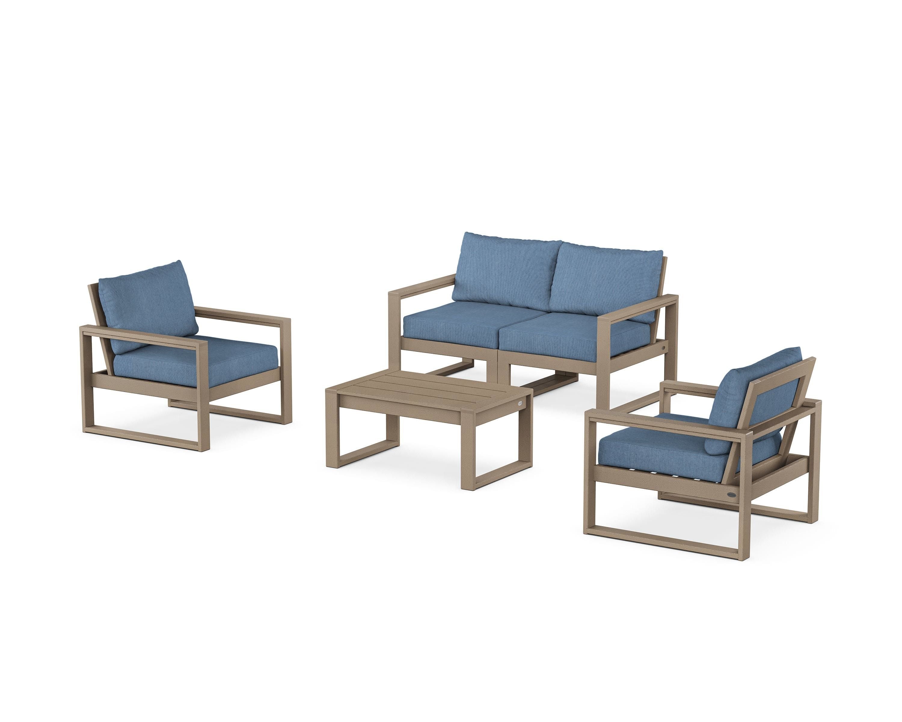 POLYWOOD EDGE Sectional 4-Piece Deep Seating Set with Loveseat in Vintage Sahara / Sky Blue