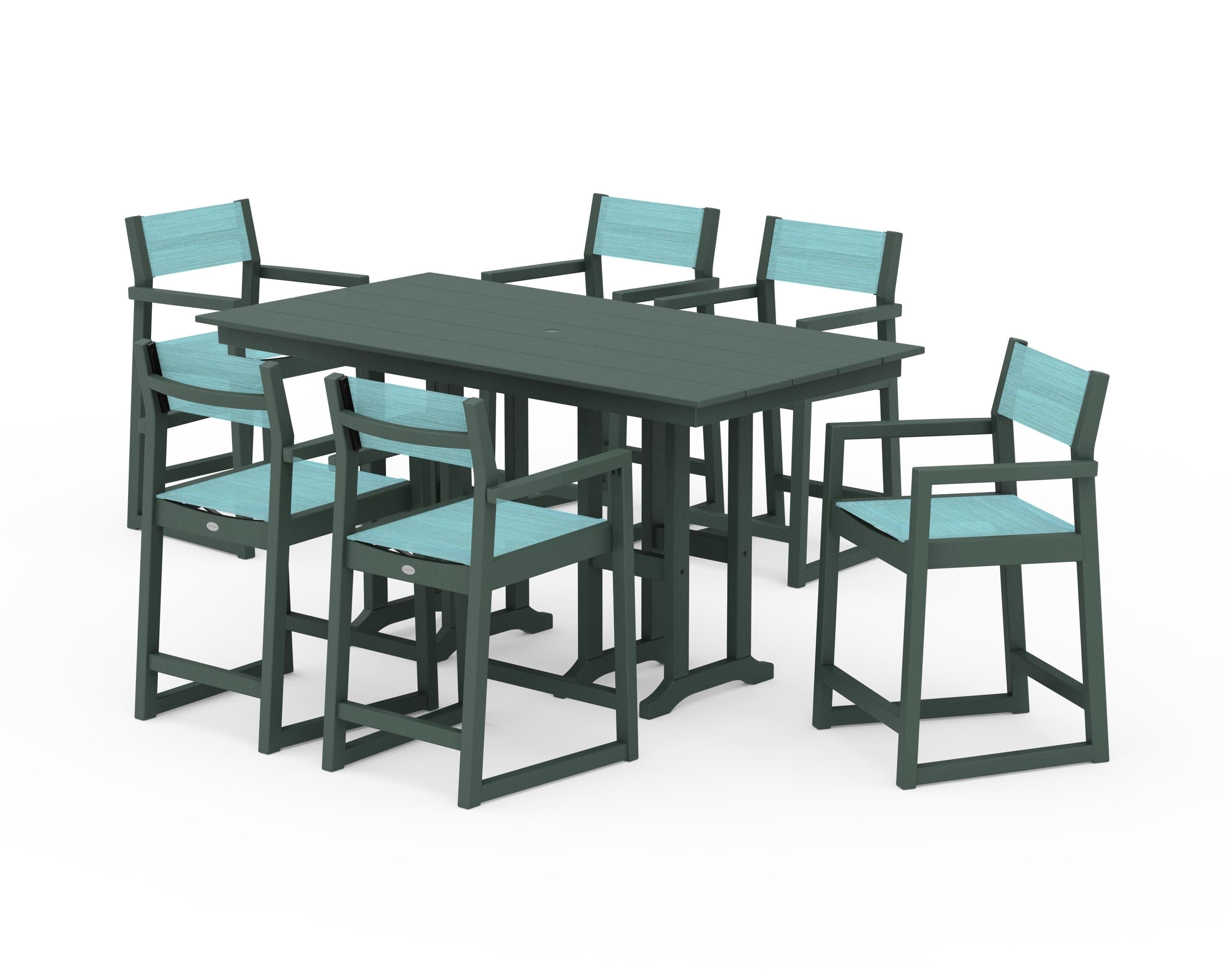 POLYWOOD EDGE Sling Arm Chair 7-Piece Farmhouse Counter Set in Green / Dupioni Aquamarine Sling