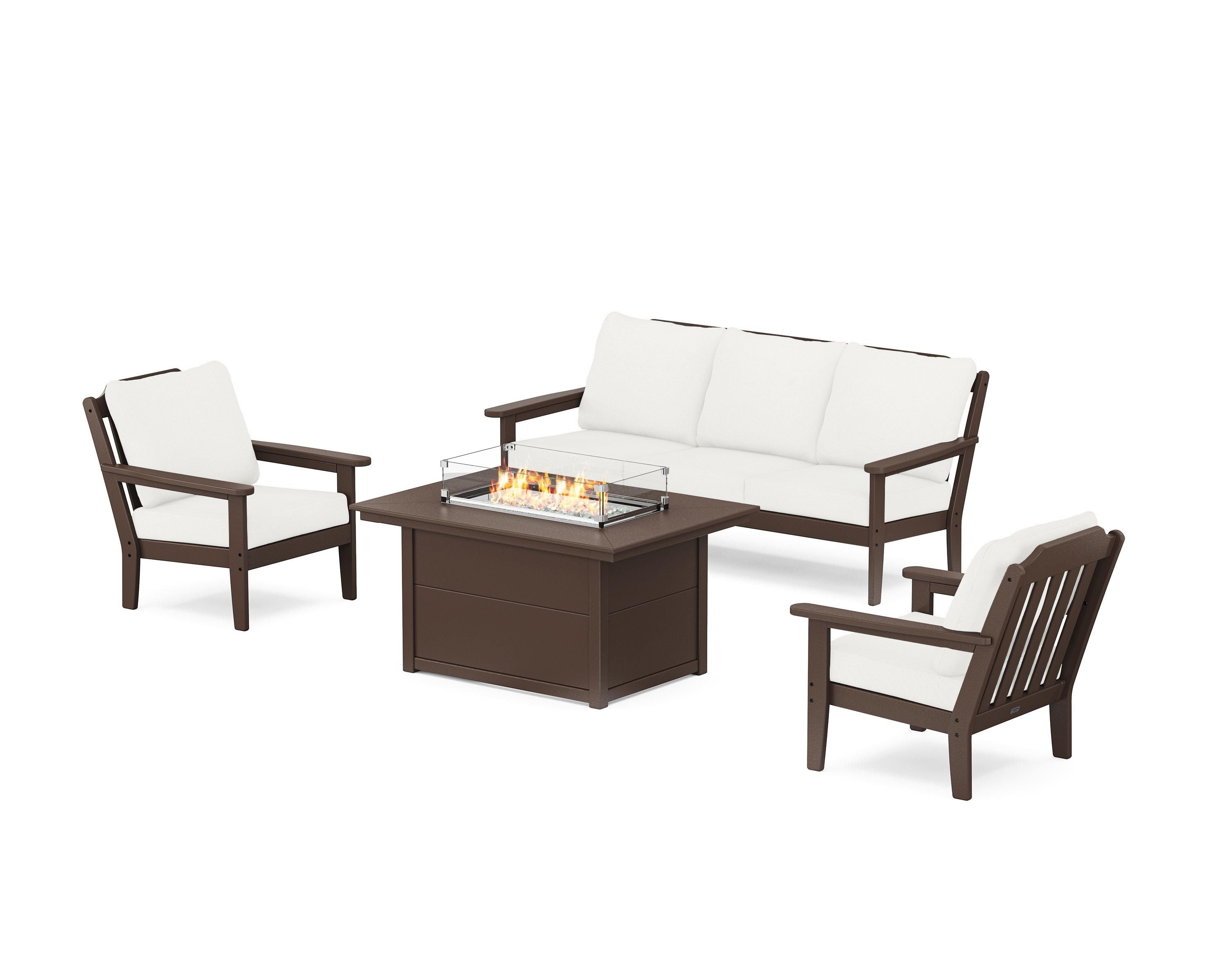 Country Living Cottage Deep Seating Fire Pit Table Set in Mahogany / Natural Linen