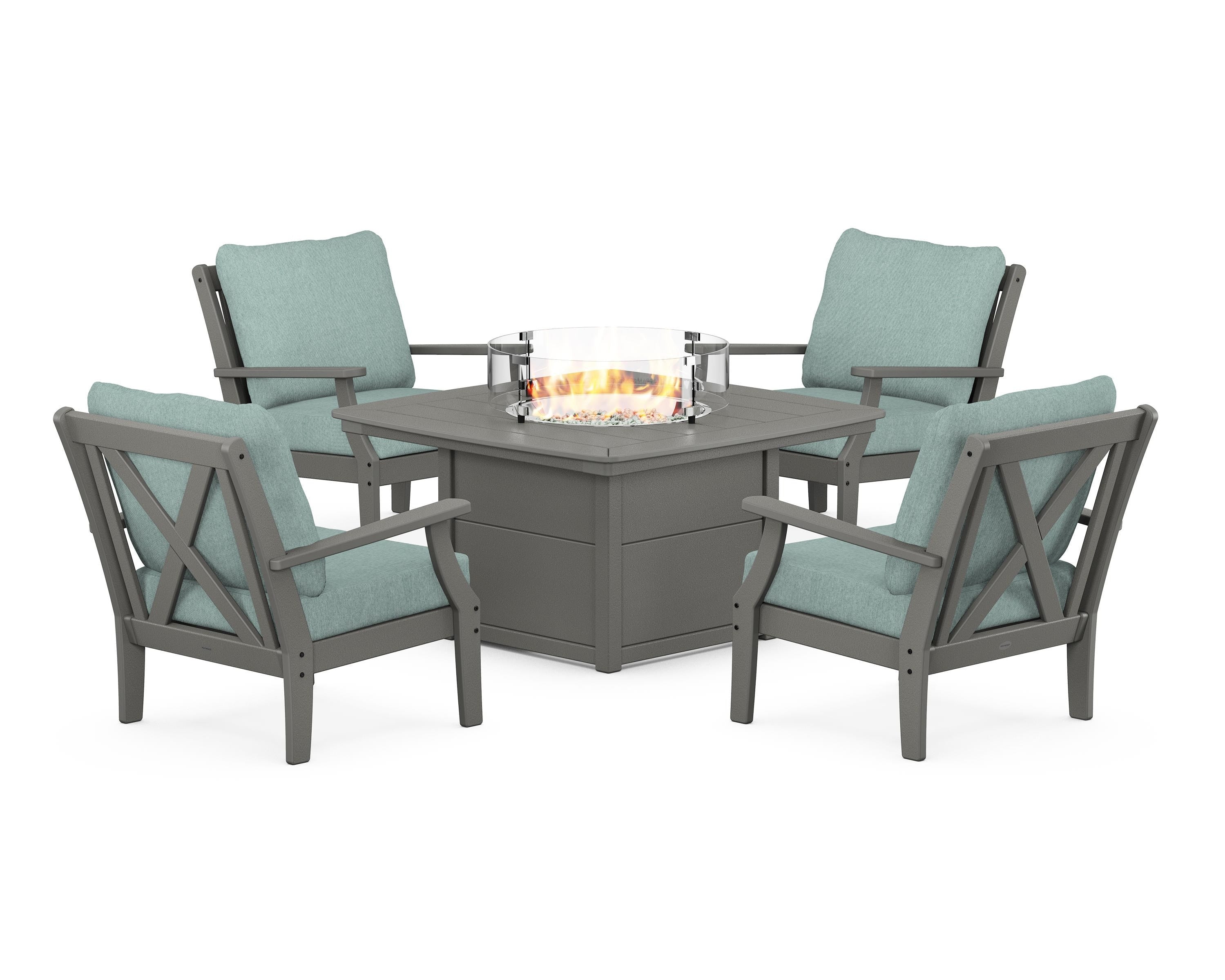 POLYWOOD Braxton 5-Piece Deep Seating Conversation Set with Fire Pit Table in Slate Grey / Glacier Spa