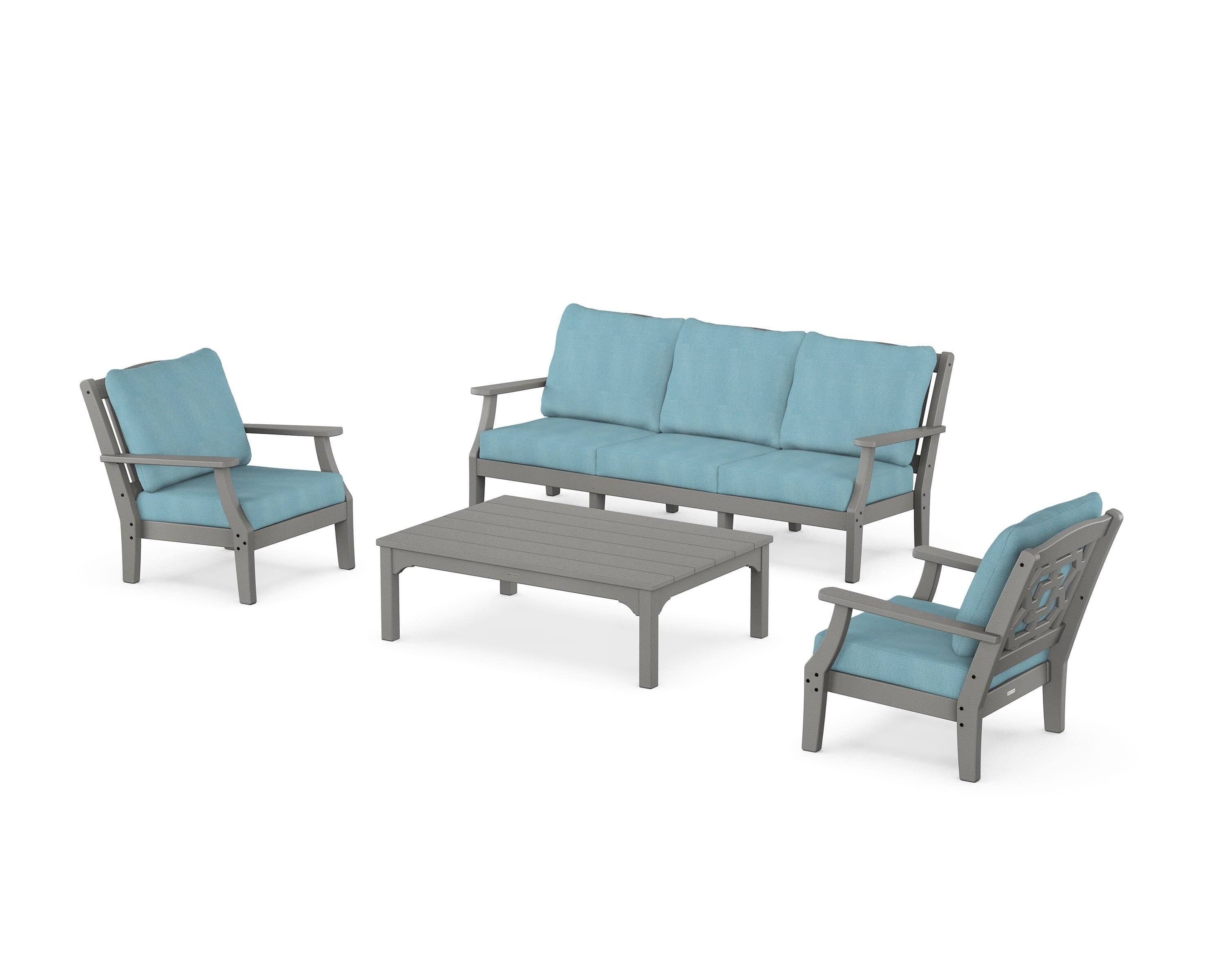 Martha Stewart by POLYWOOD Chinoiserie 4-Piece Deep Seating Set with Sofa in Slate Grey / Lattice Sky Blue