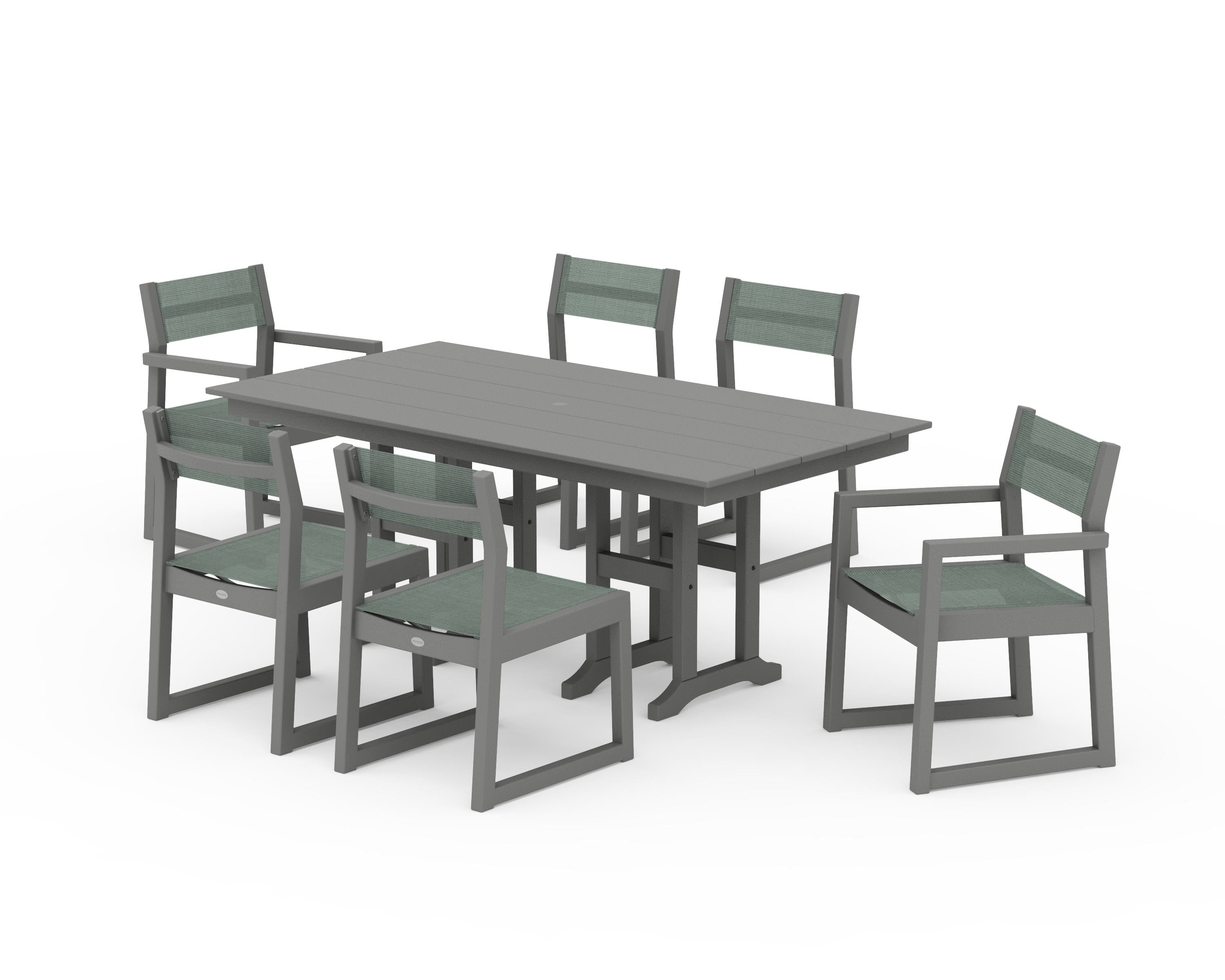 POLYWOOD EDGE Sling 7-Piece Farmhouse Dining Set in Slate Grey / Dupioni Sea Mist Sling