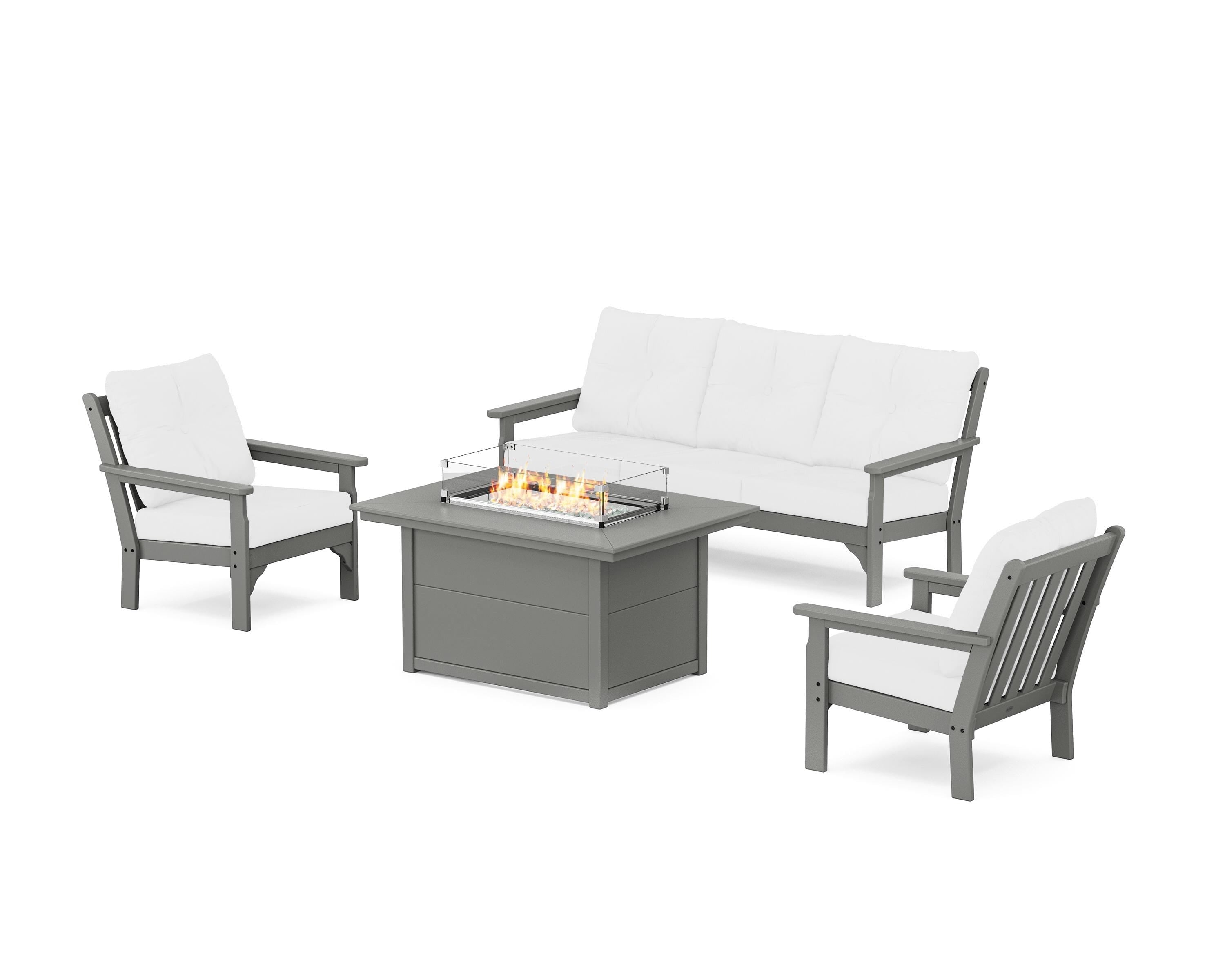 POLYWOOD Vineyard Deep Seating Fire Pit Table Set in Slate Grey / Natural