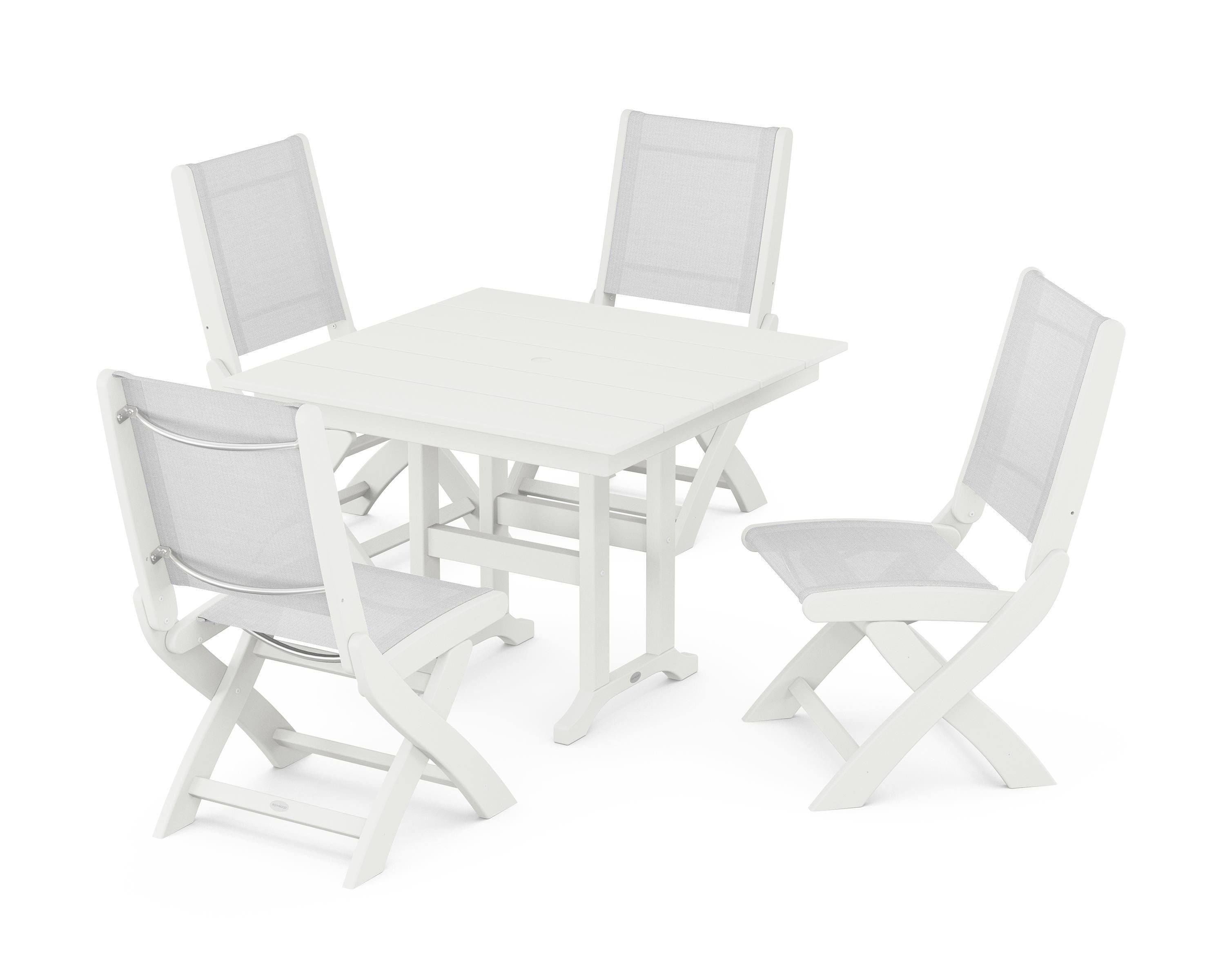 POLYWOOD Coastal Folding Side Chair 5-Piece Farmhouse Dining Set in Vintage White / White Sling