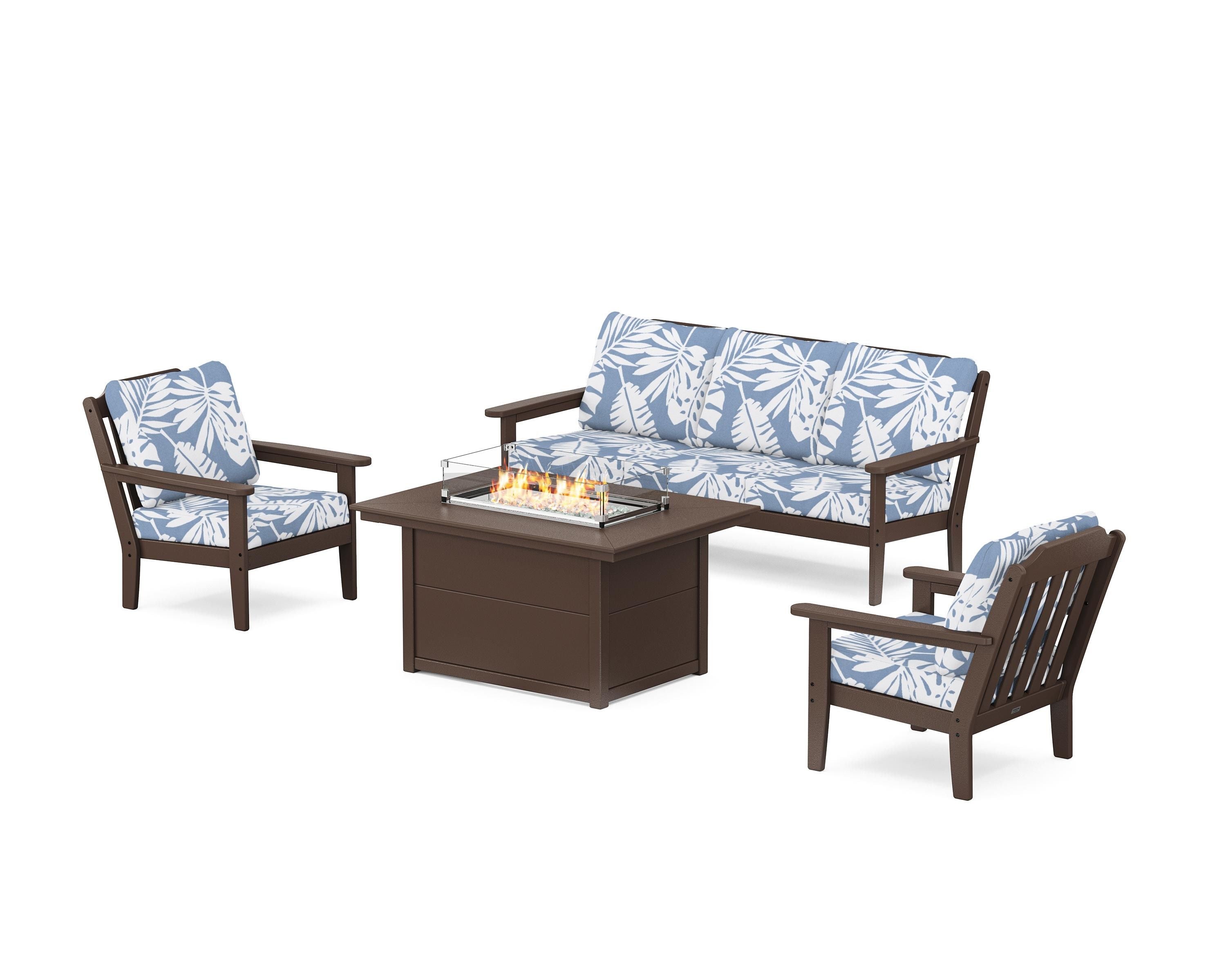 Country Living Cottage Deep Seating Fire Pit Table Set in Mahogany / Leaf Sky Blue