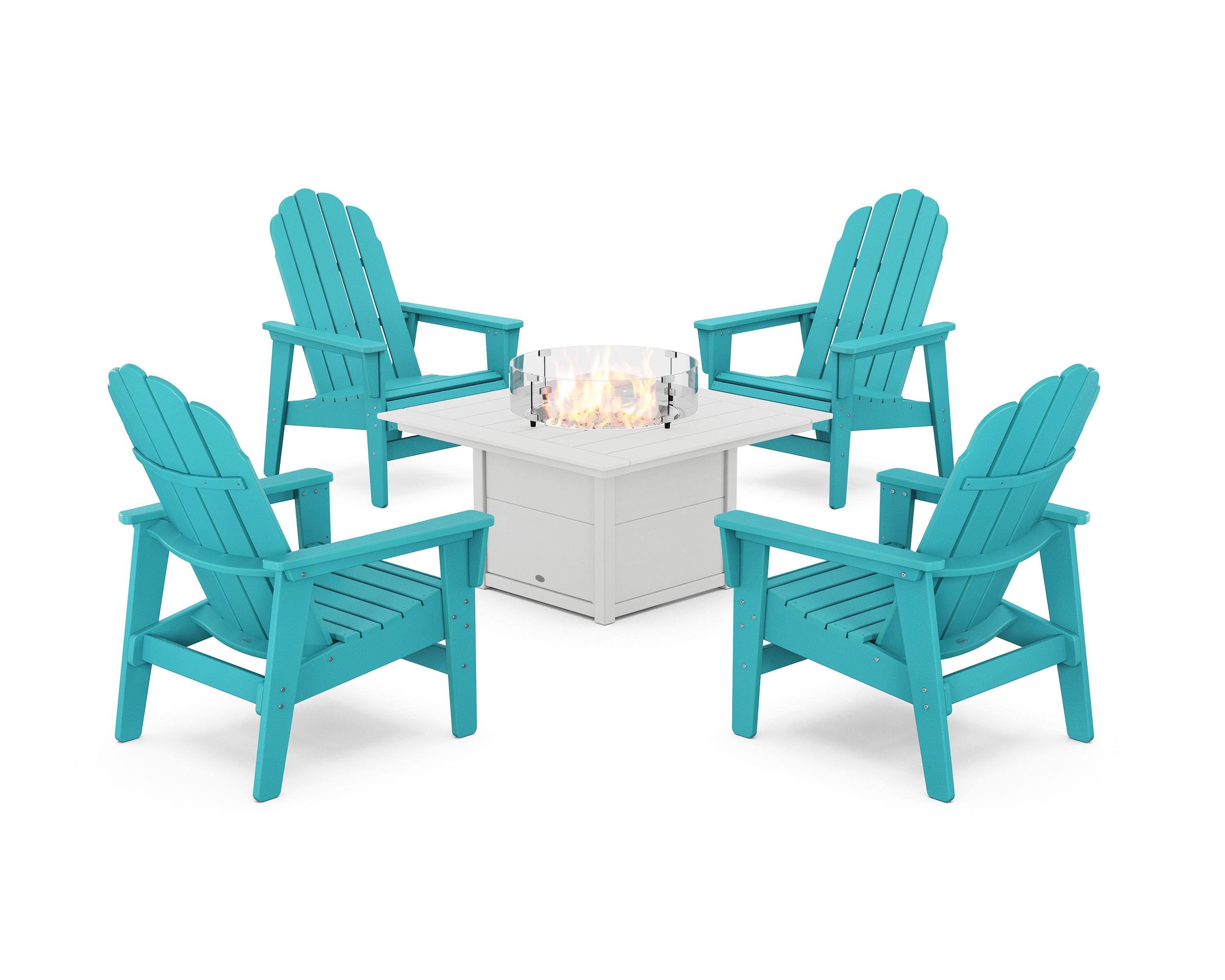 POLYWOOD 5-Piece Vineyard Grand Upright Adirondack Conversation Set with Fire Pit Table in Aruba / White
