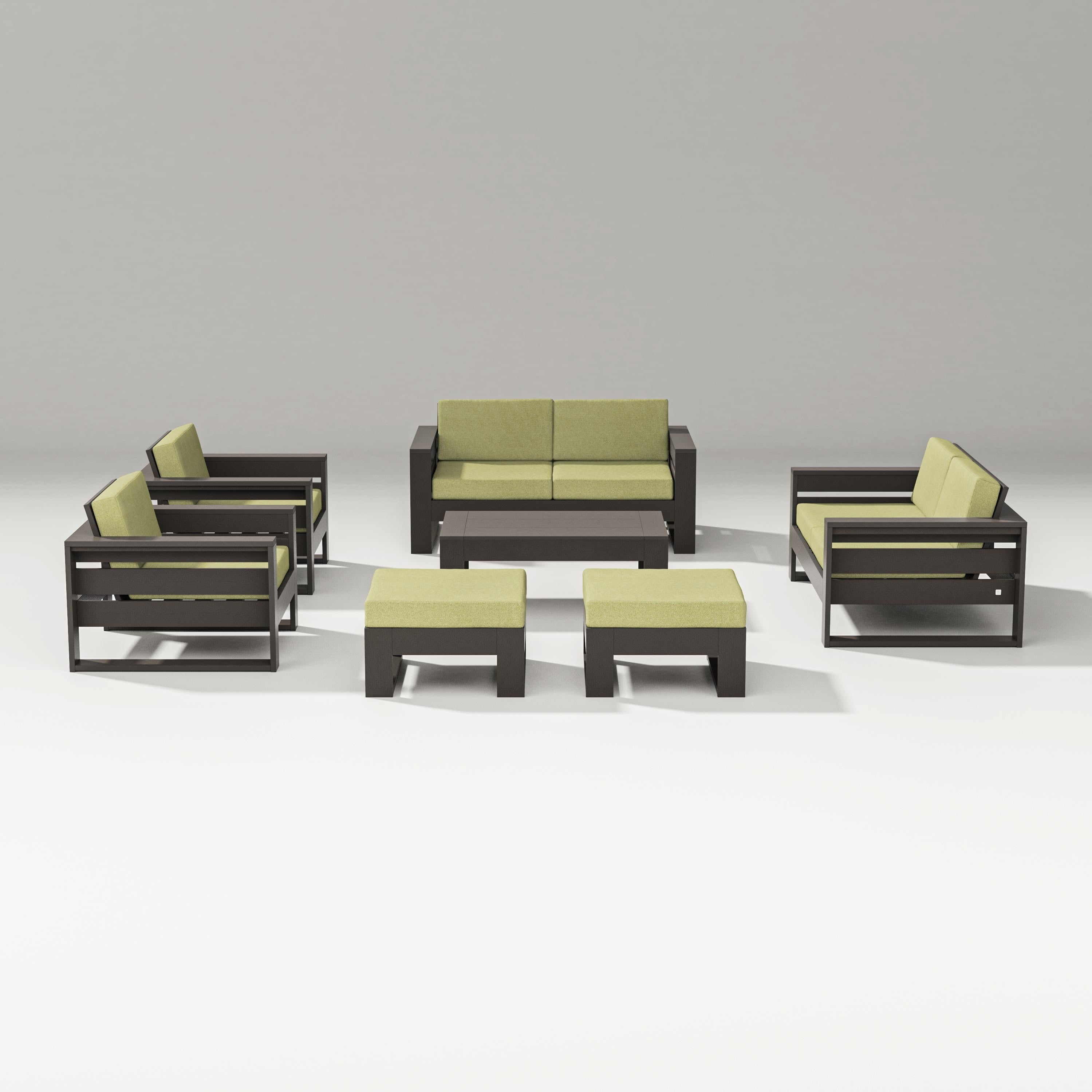 PW Designer Series Latitude 7-Piece Lounge Loveseat Set in Vintage Coffee / Chartreuse Boucle