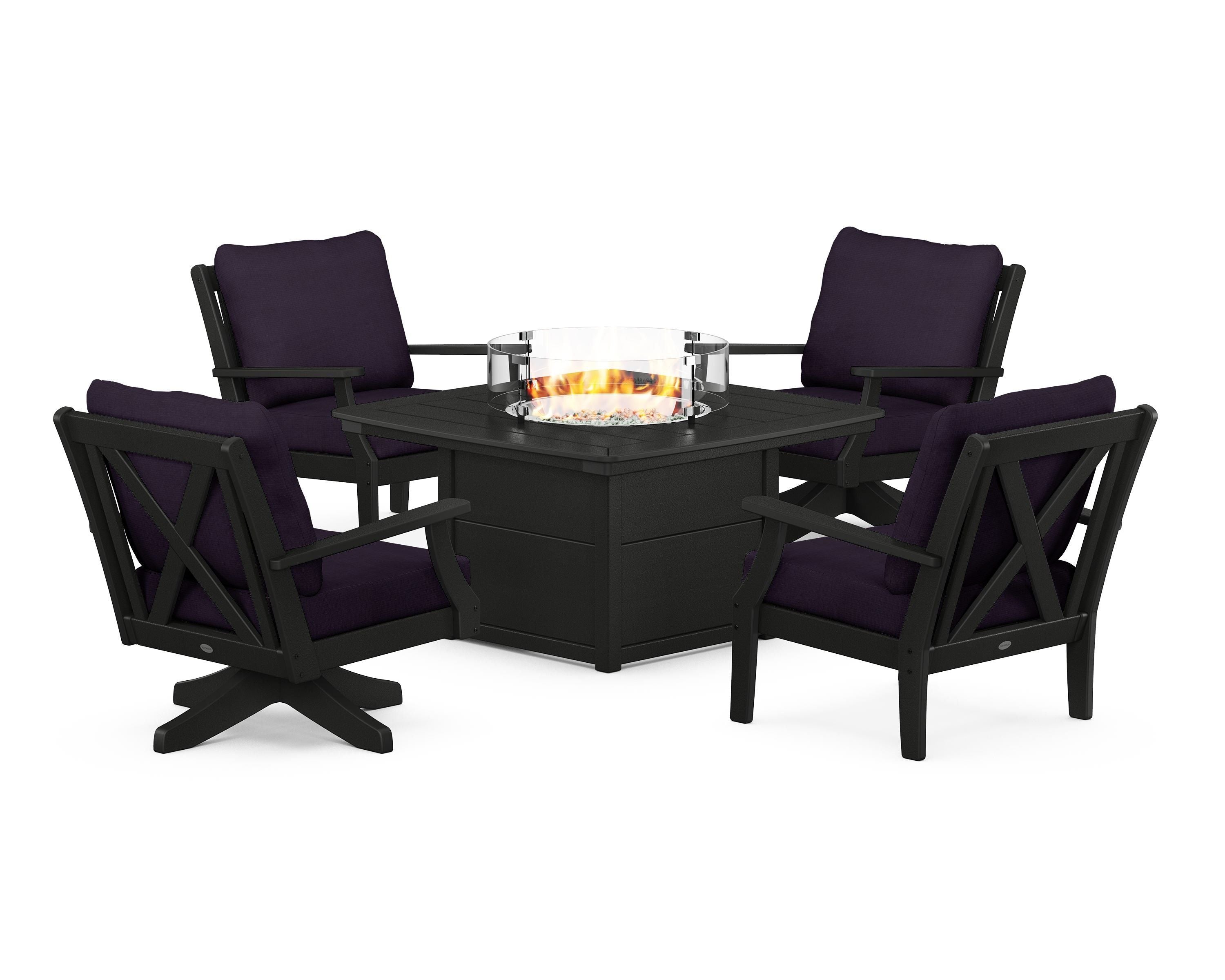 POLYWOOD Braxton 5-Piece Deep Seating Set with Fire Table in Black / Navy Linen