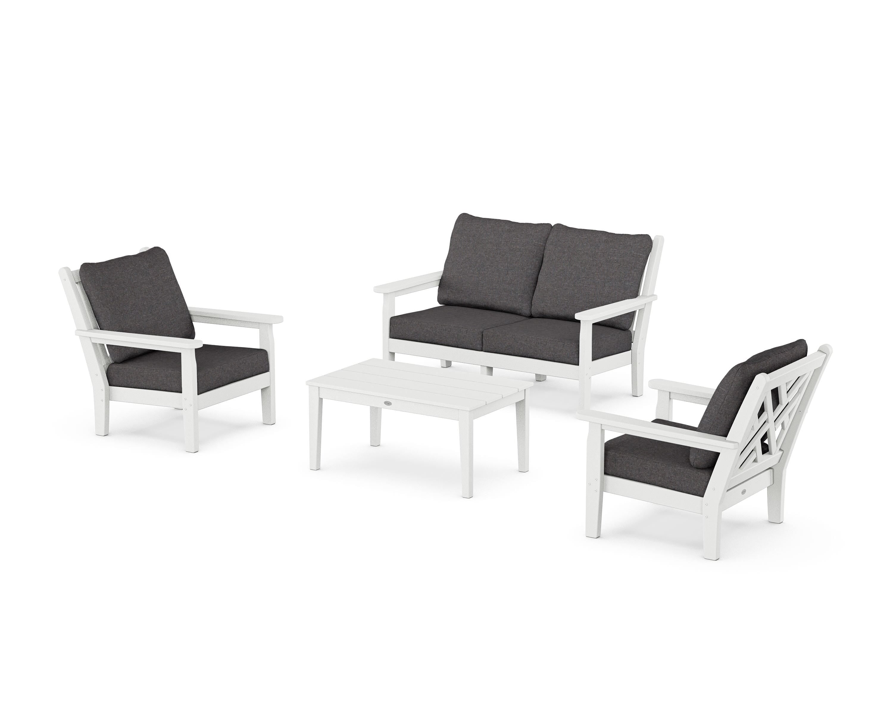 POLYWOOD Chippendale 4-Piece Deep Seating Set with Loveseat in White / Ash Charcoal