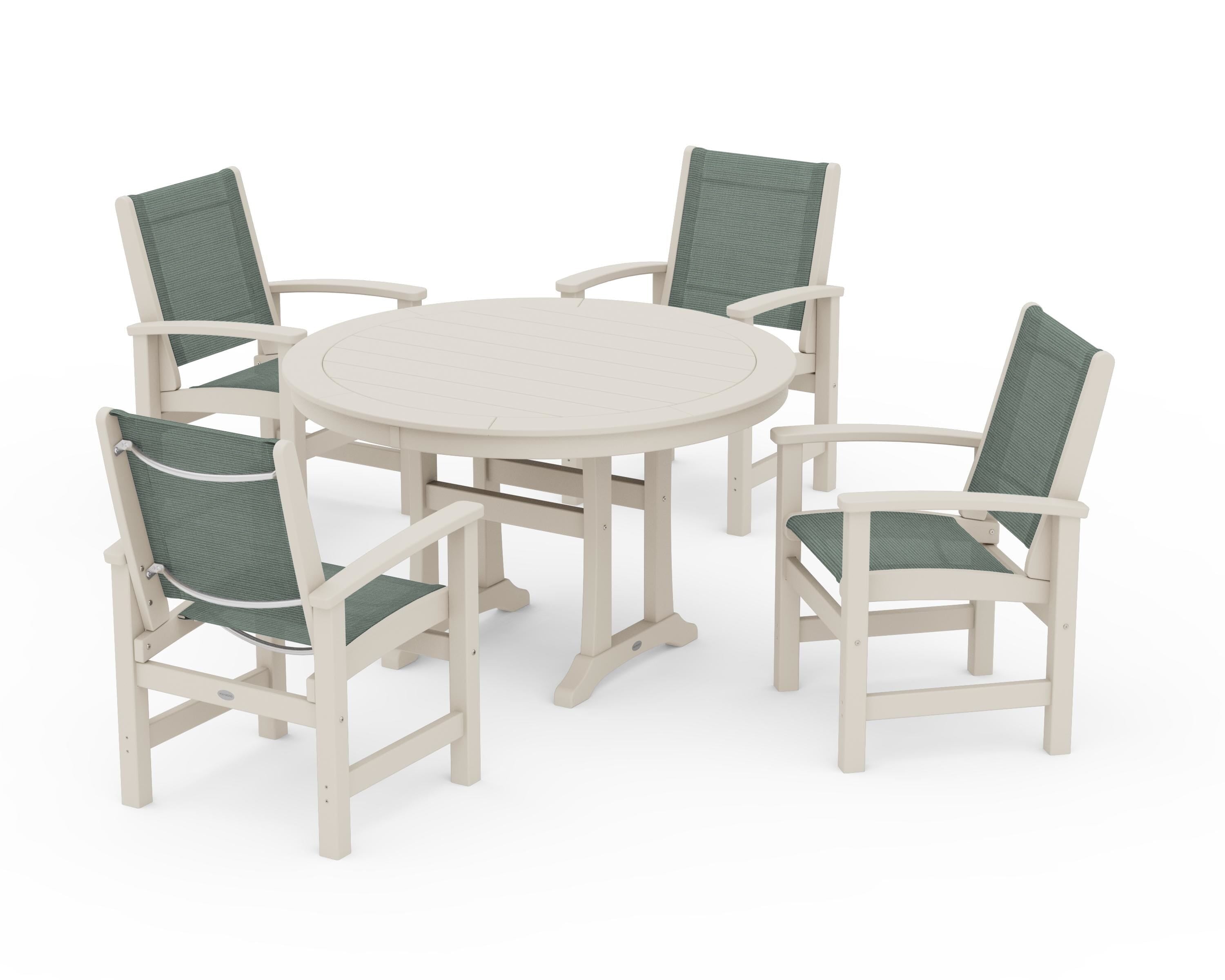POLYWOOD Coastal 5-Piece Round Dining Set with Trestle Legs in Sand / Dupioni Sea Mist Sling
