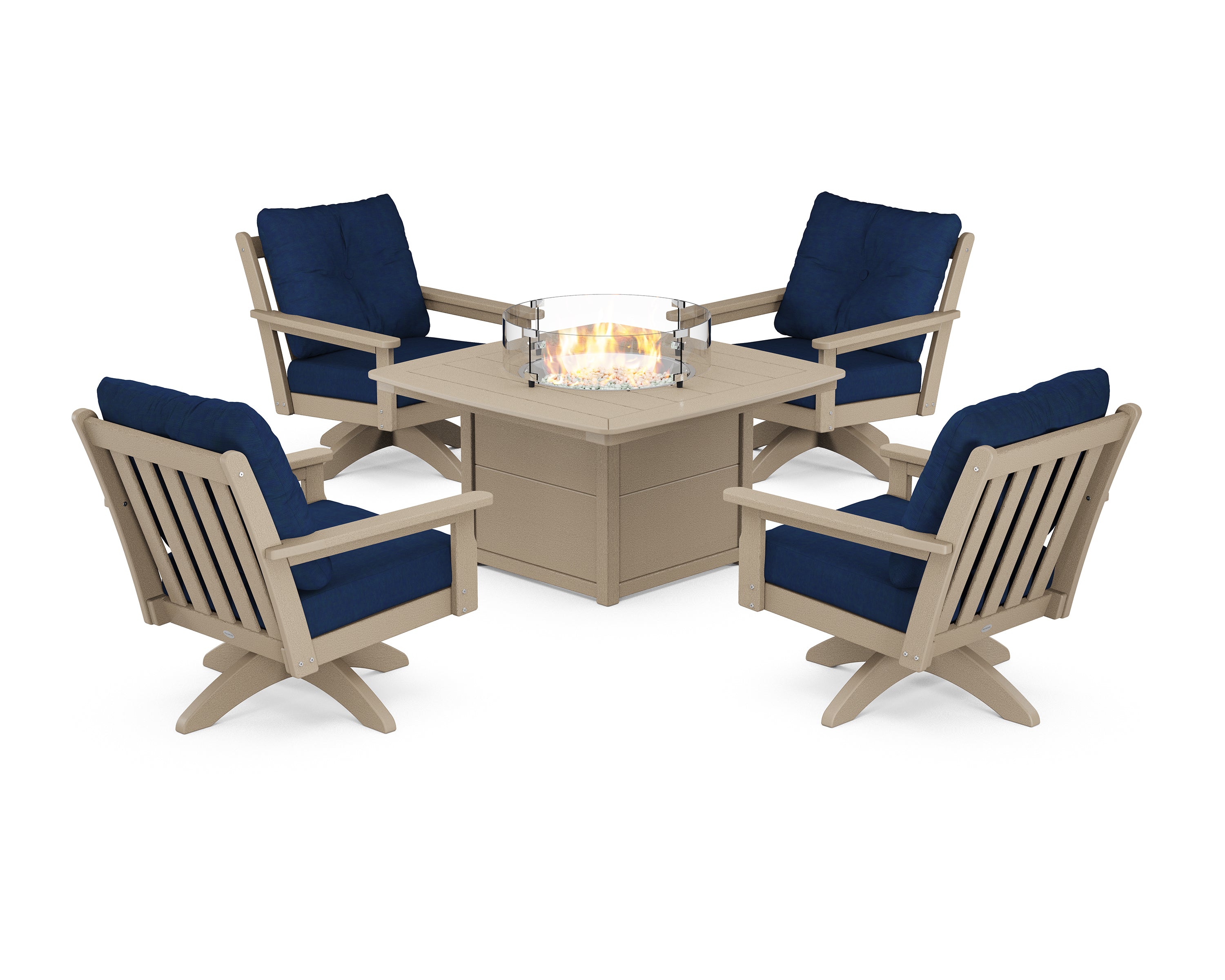 POLYWOOD Vineyard 5-Piece Deep Seating Swivel Conversation Set with Fire Pit Table in Vintage Sahara / Navy