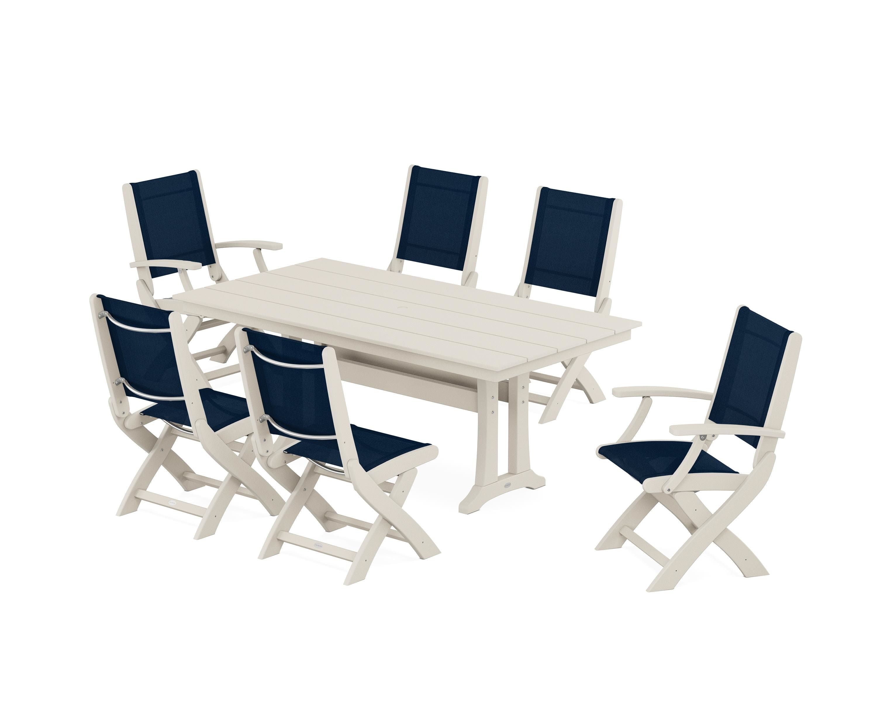 POLYWOOD Coastal Folding Chair 7-Piece Farmhouse Dining Set with Trestle Legs in Sand / Navy Blue Sling