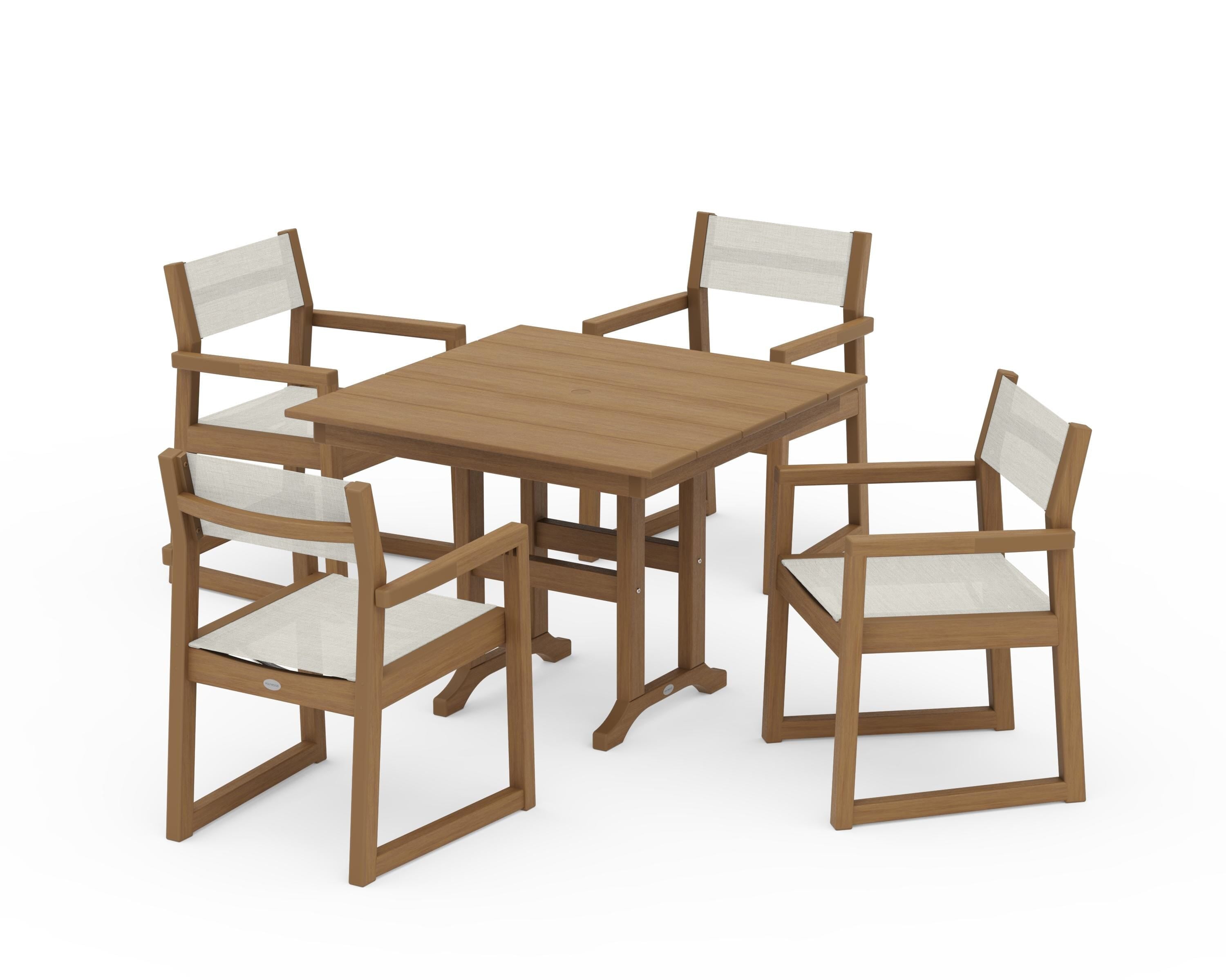 POLYWOOD EDGE Sling Arm Chair 5-Piece Farmhouse Dining Set in Natural / Parchment Sling