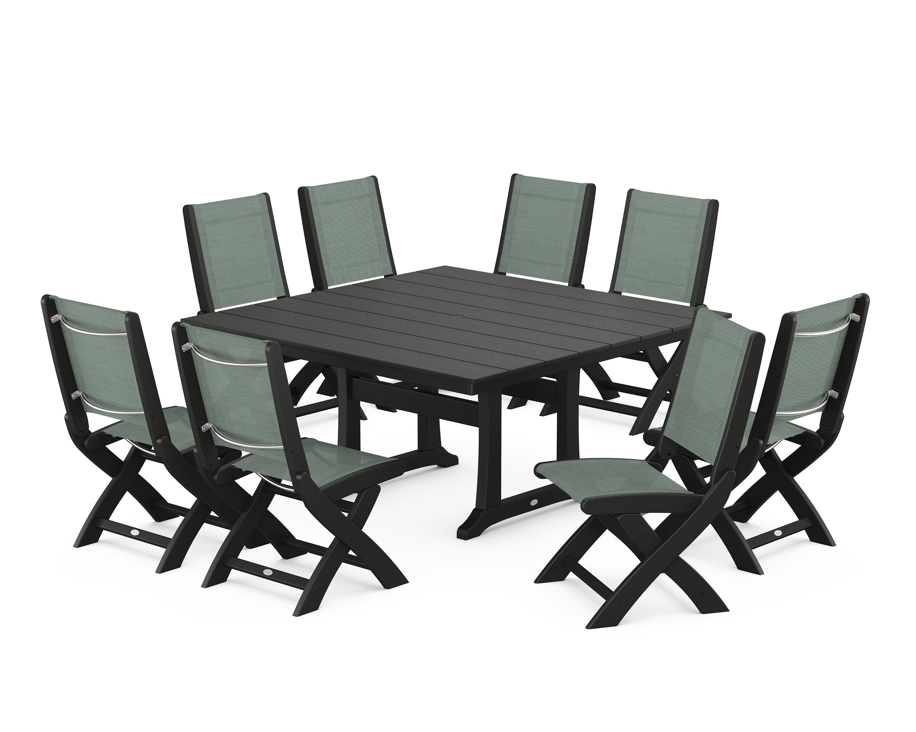 POLYWOOD Coastal Folding Side Chair 9-Piece Farmhouse Dining Set in Black / Dupioni Sea Mist Sling