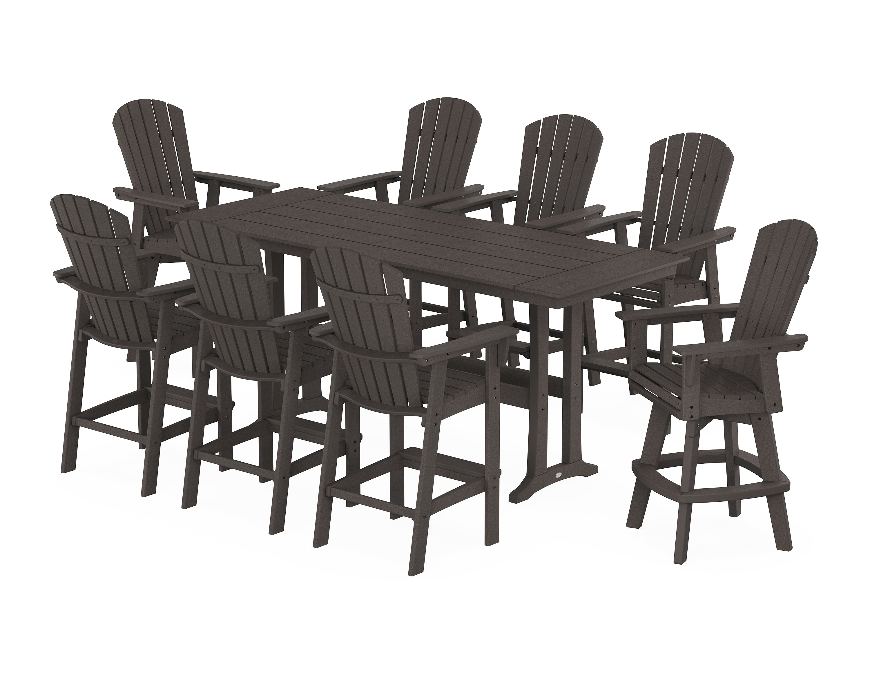 POLYWOOD® Nautical Curveback Adirondack Swivel 9-Piece Farmhouse Swivel Bar Set with Trestle Legs in Vintage Coffee