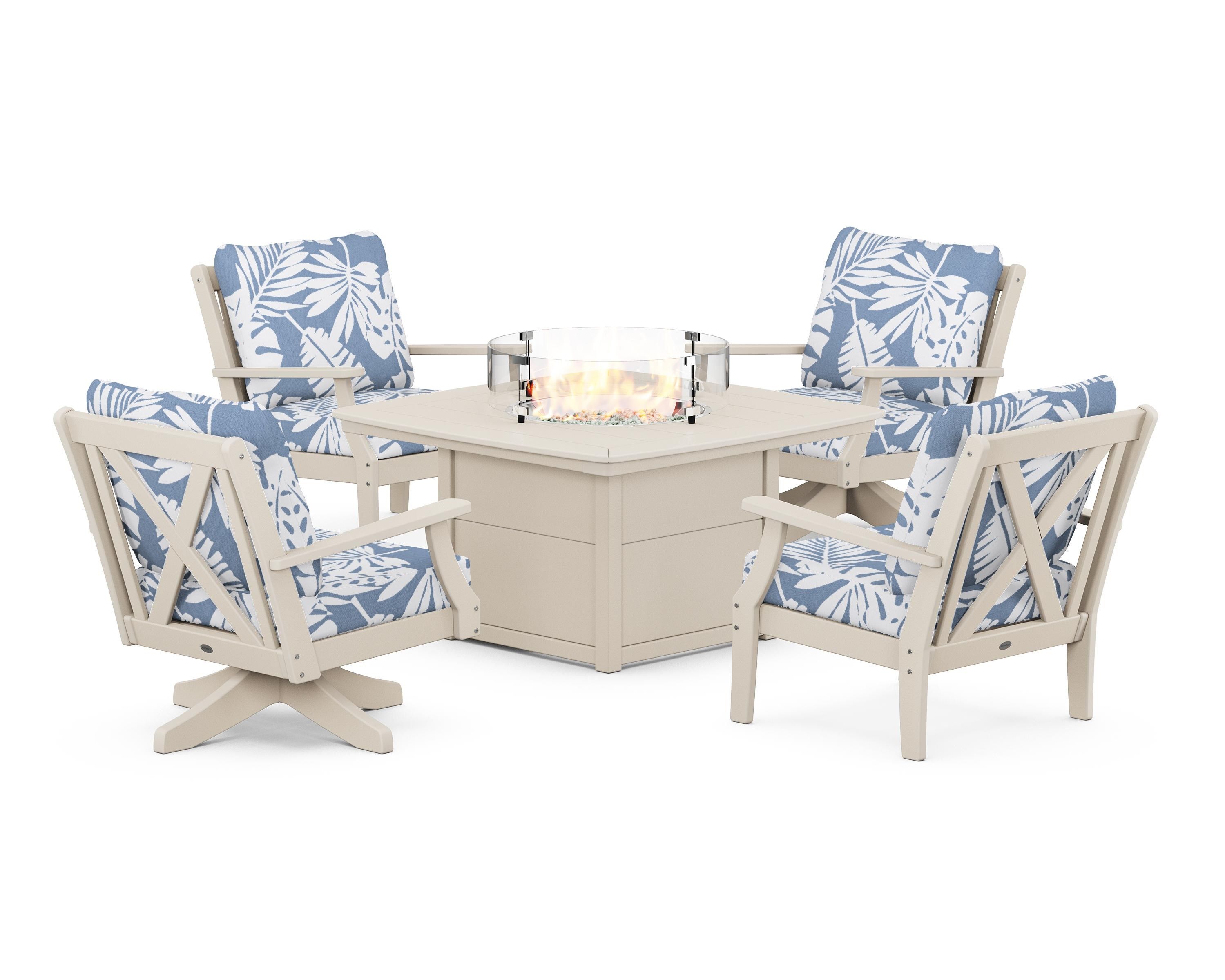 POLYWOOD Braxton 5-Piece Deep Seating Set with Fire Table in Sand / Leaf Sky Blue